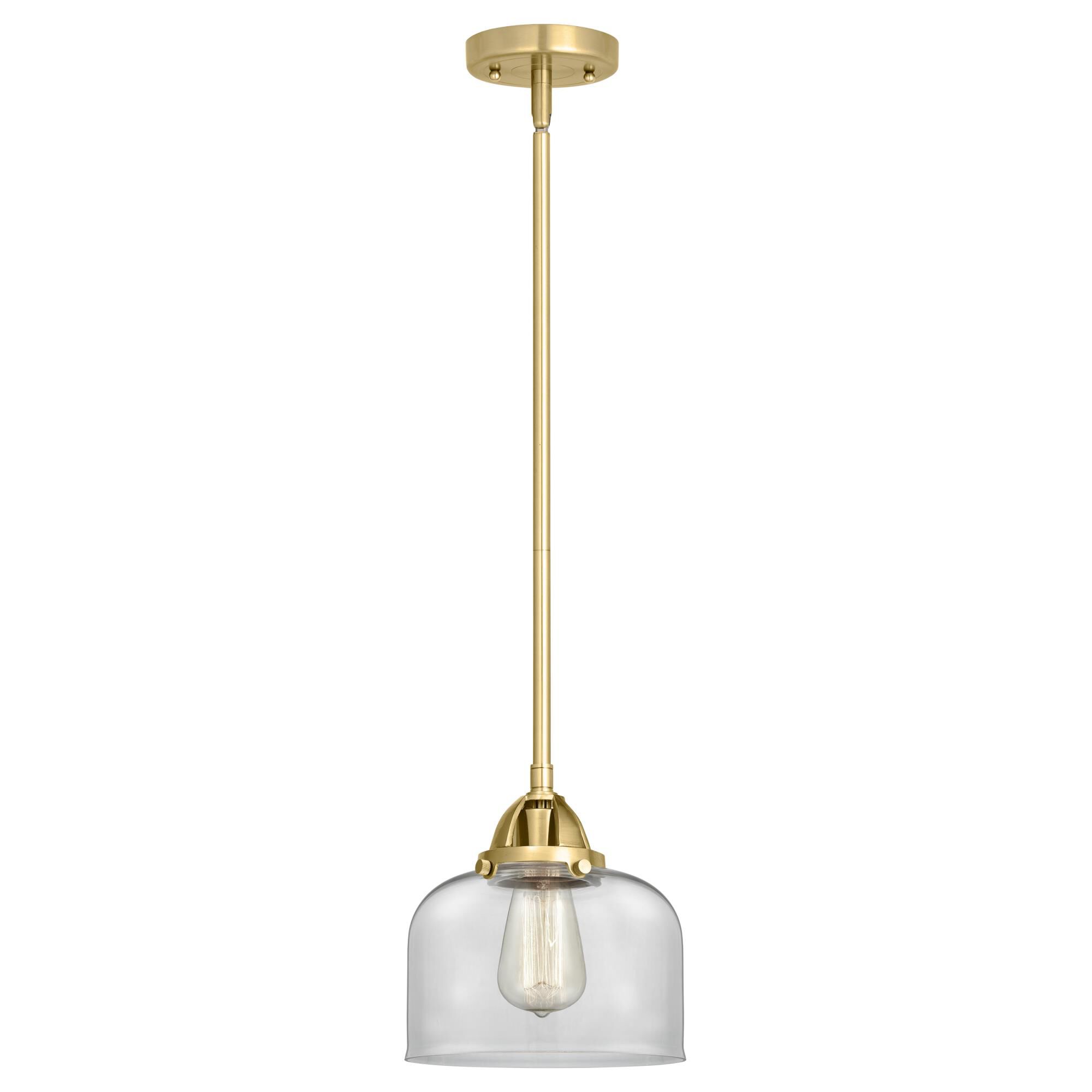 Shown in Satin Gold finish and Clear Large Bell glass and No Shade shade