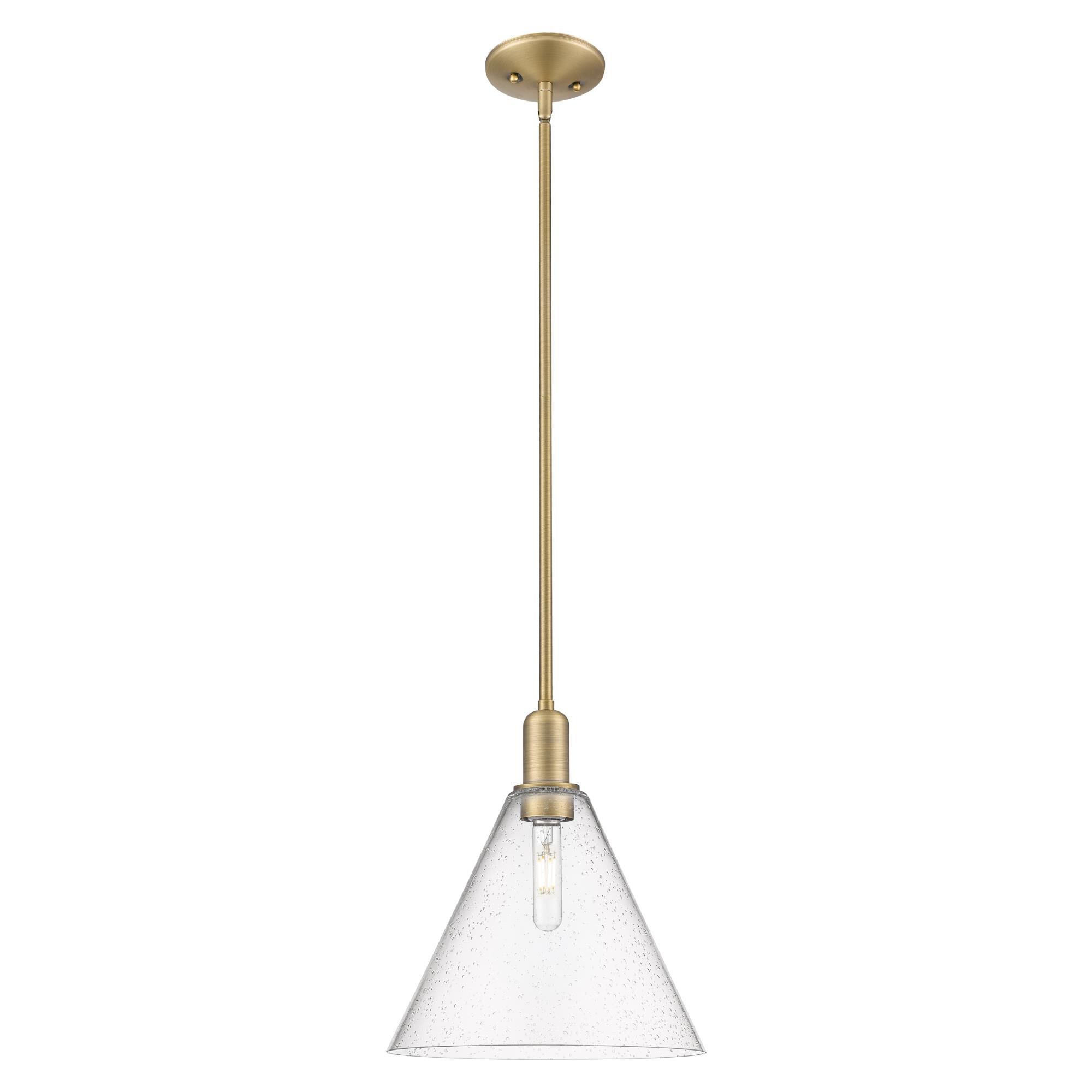 Shown in Brushed Brass finish and Seedy glass