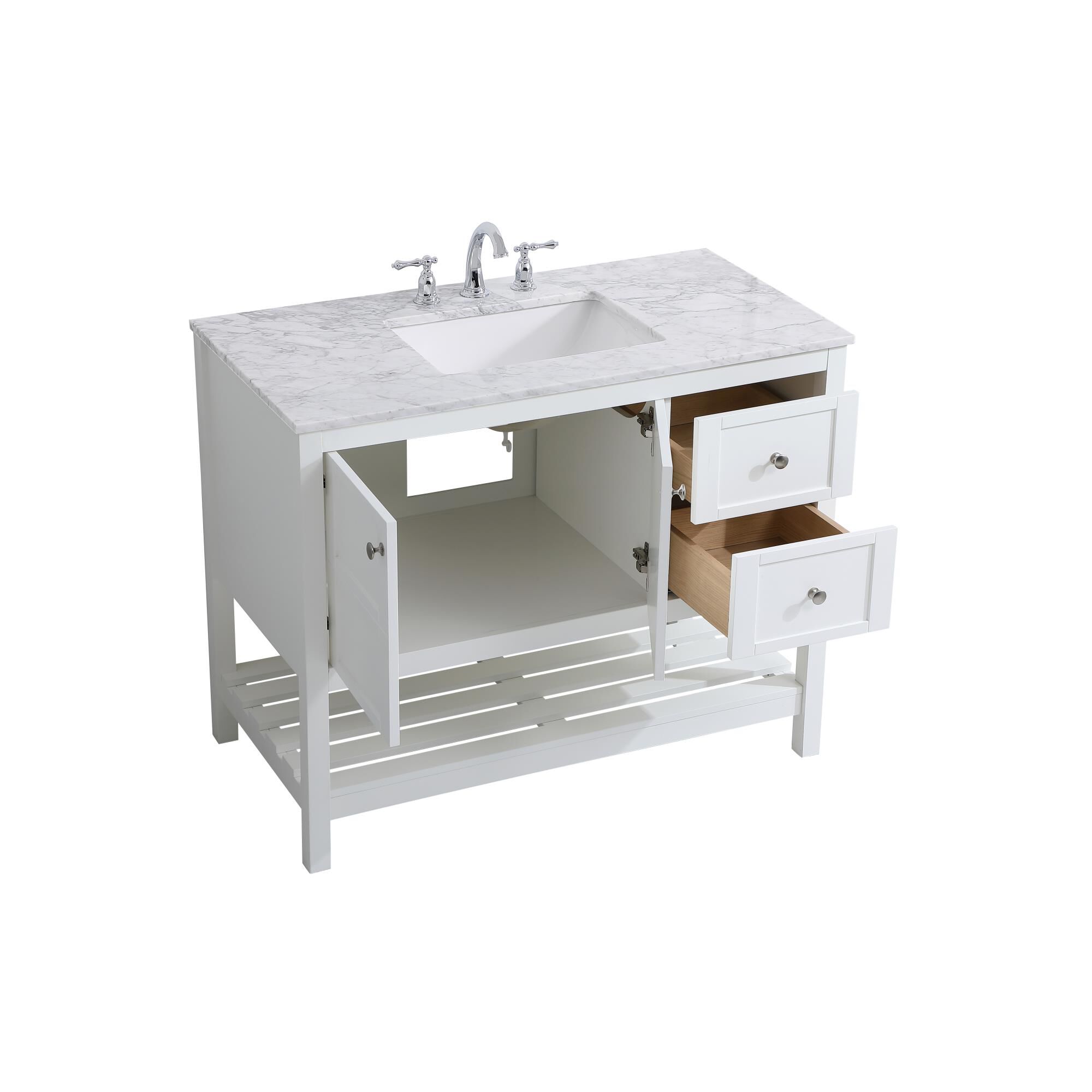 Shown in White And Brushed Nickel With Carrara White Marble finish