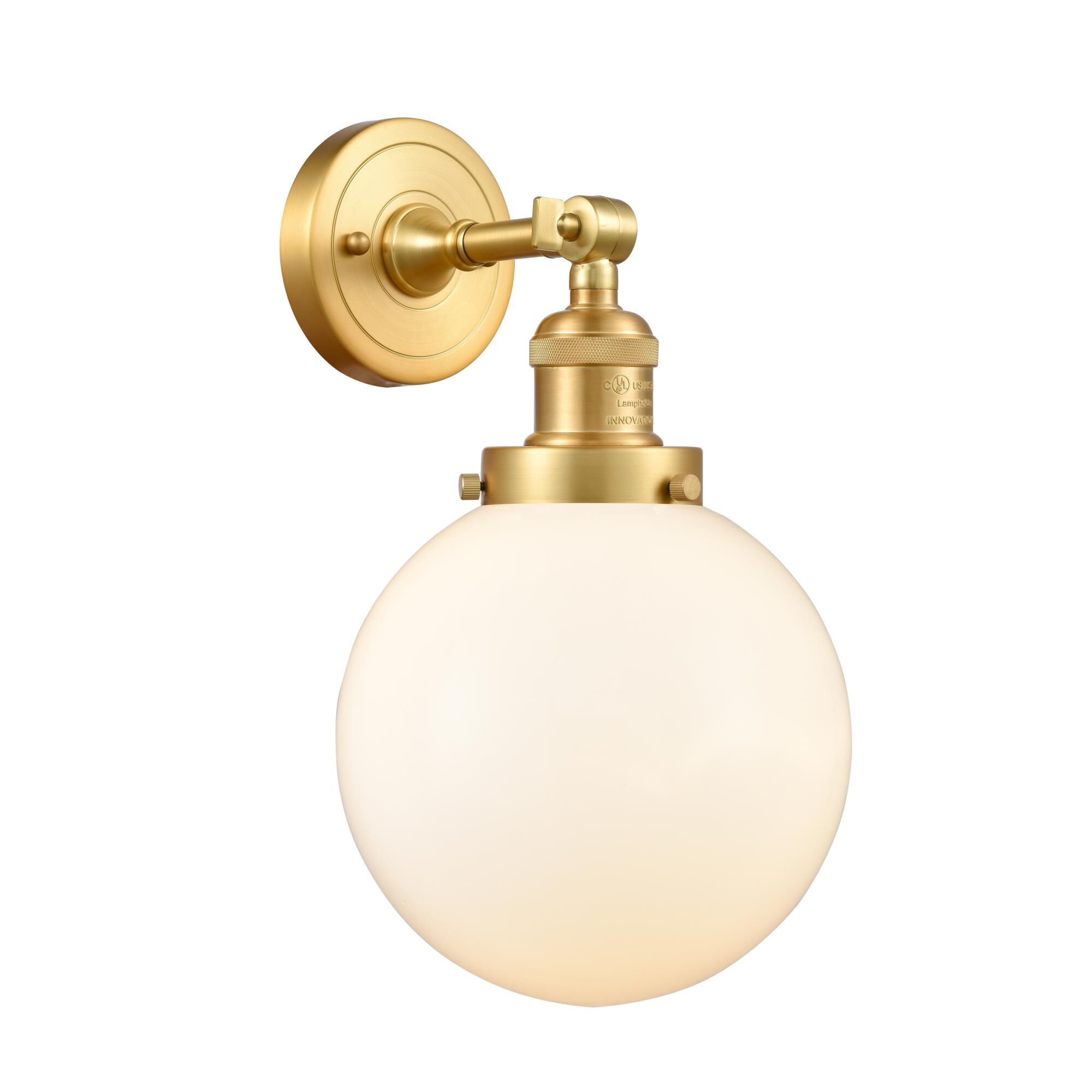 Shown in Satin Gold finish and Matte White Cased Beacon glass