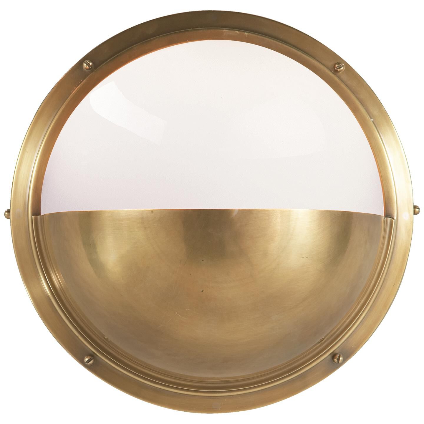Shown in Hand-Rubbed Antique Brass finish and White glass