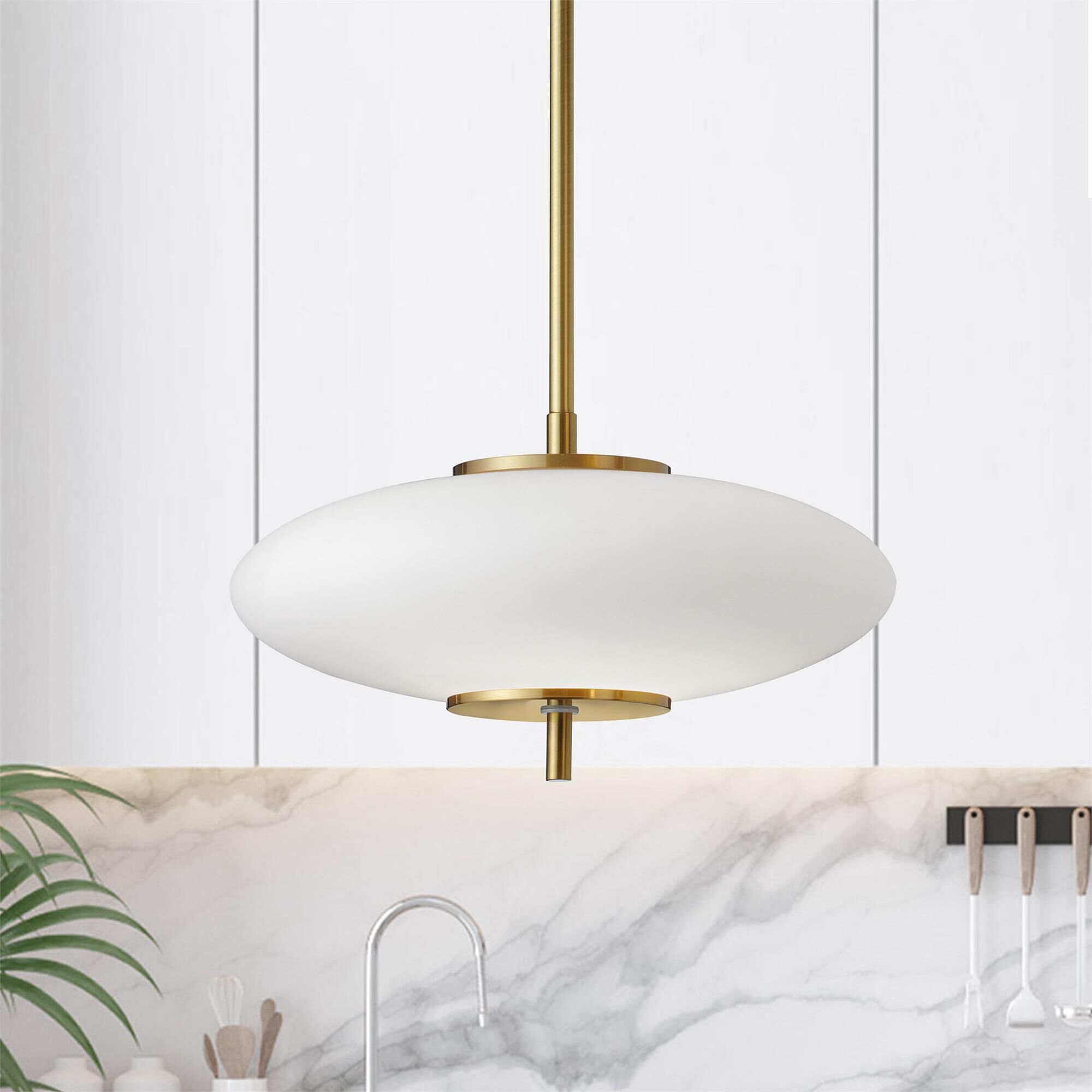 Shown in Aged Brass and White finish and White Oval glass