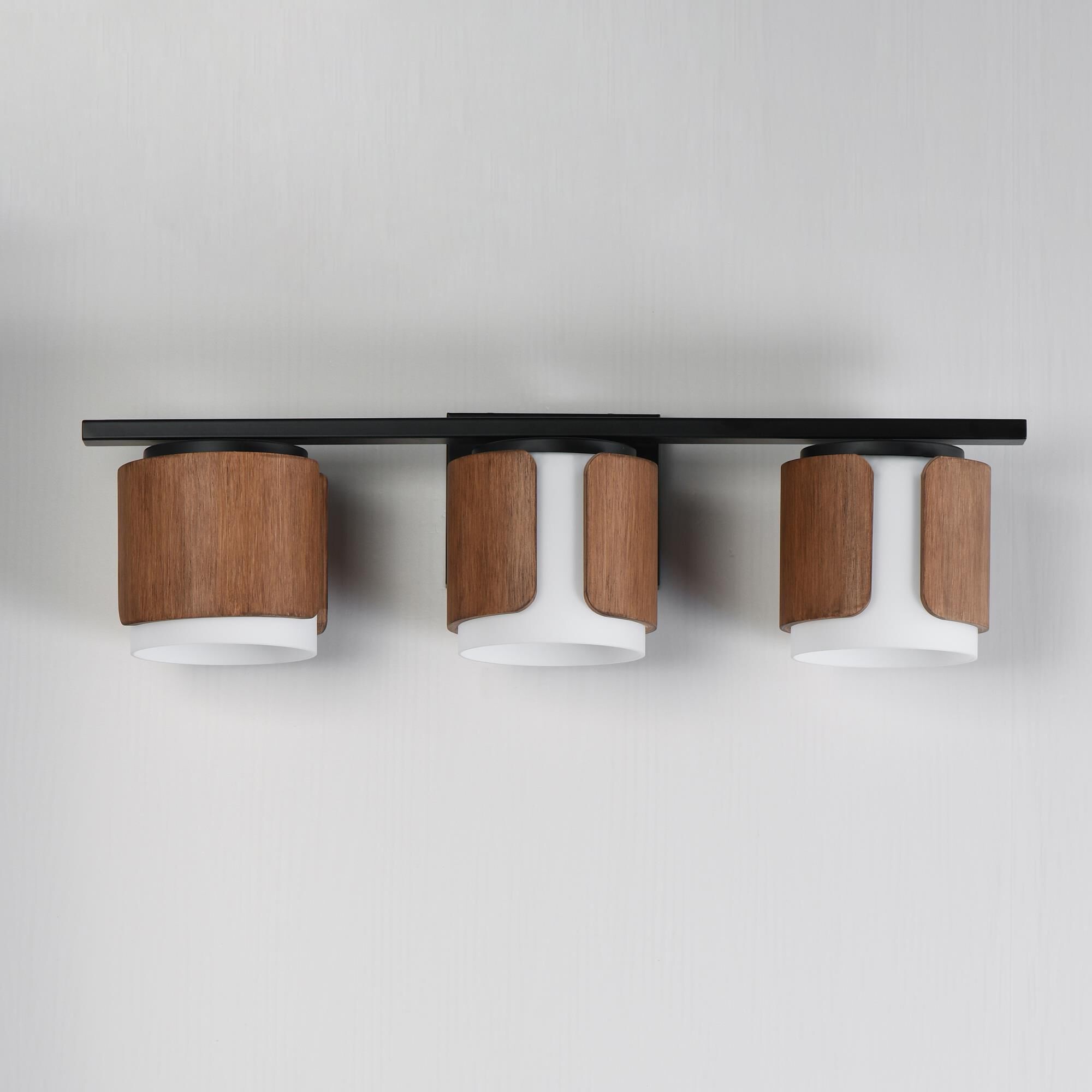 Shown in Walnut and Black finish and Satin White glass