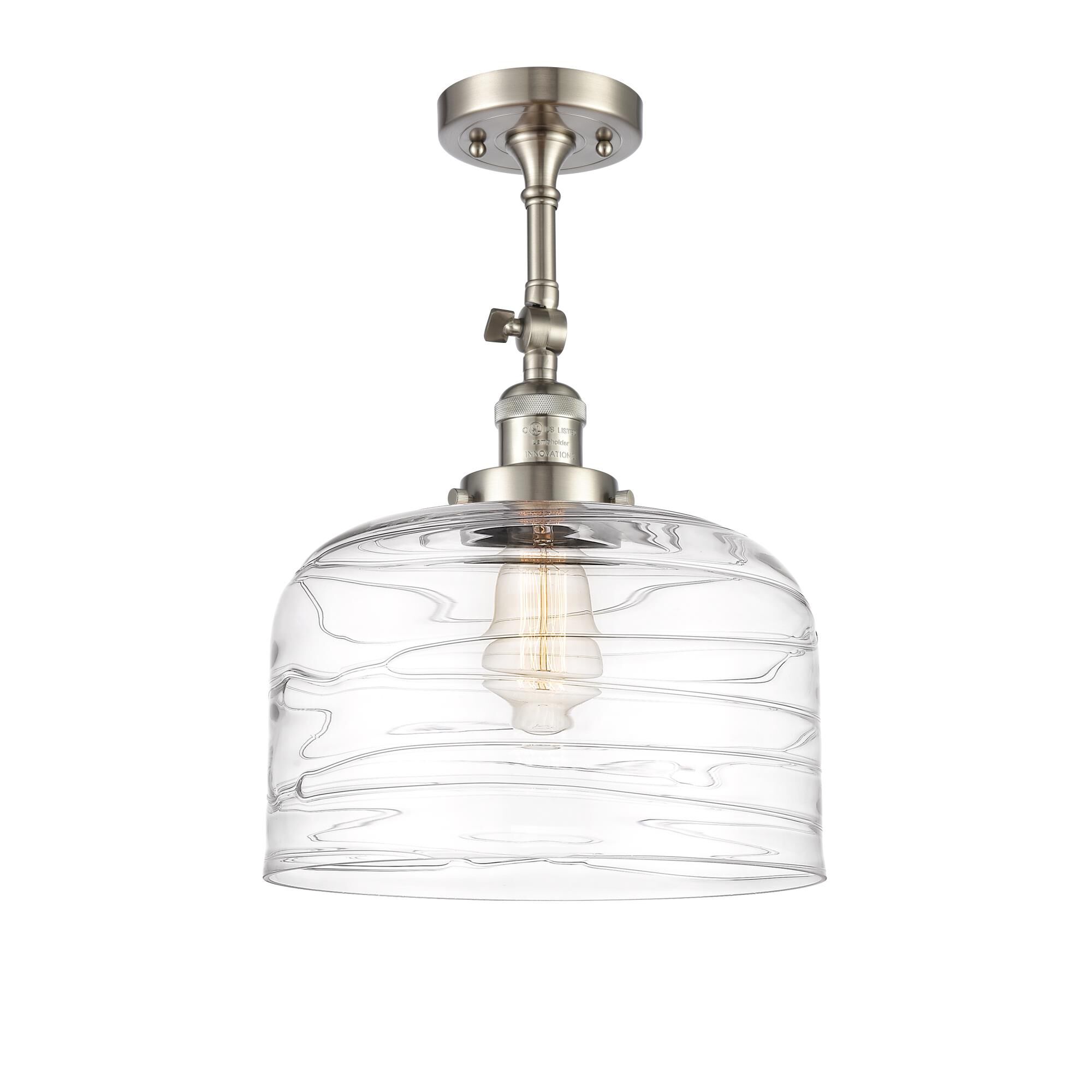 Shown in Brushed Satin Nickel finish and Clear Deco Swirl X-Large Bell glass