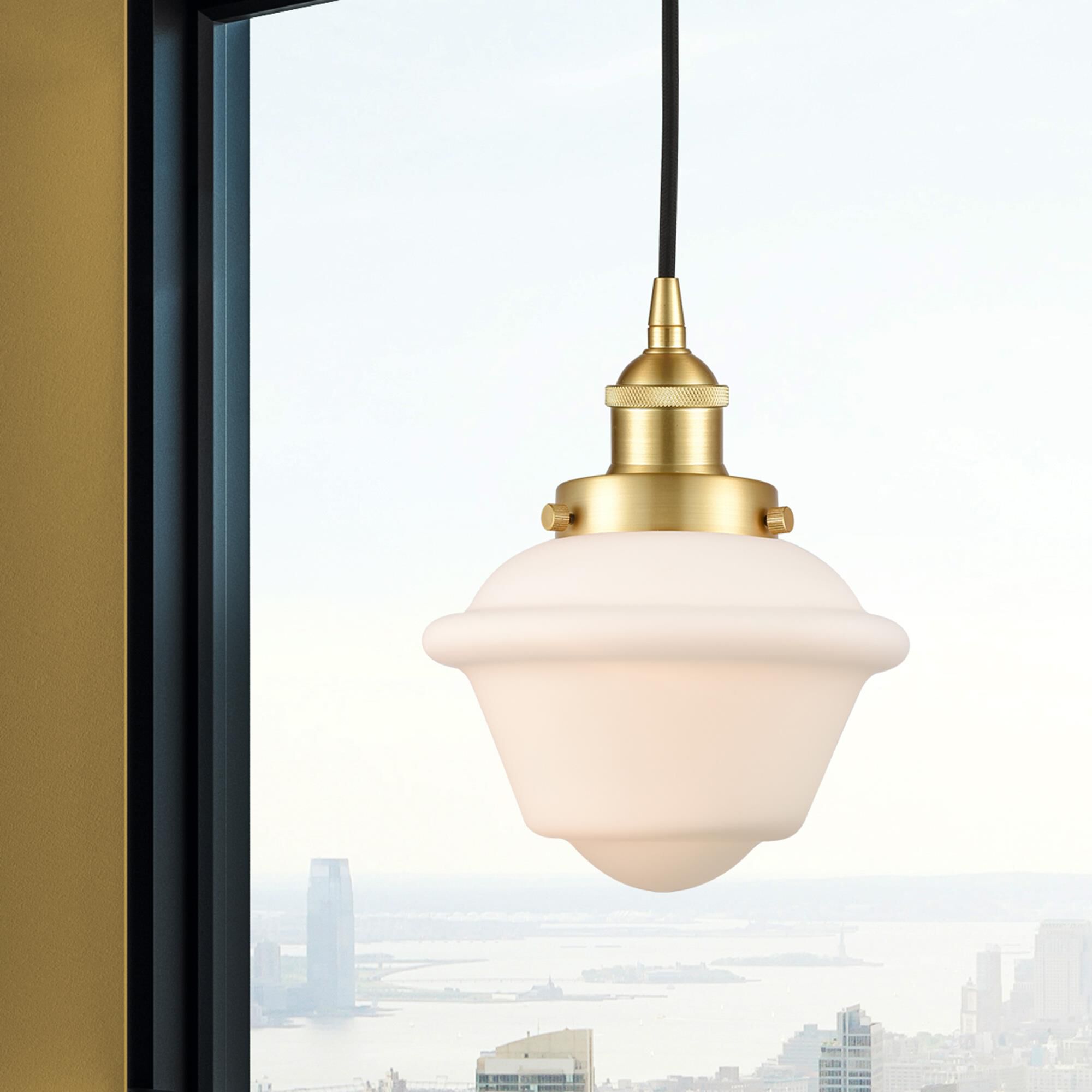 Shown in Satin Gold finish and Matte White Cased Small Oxford glass