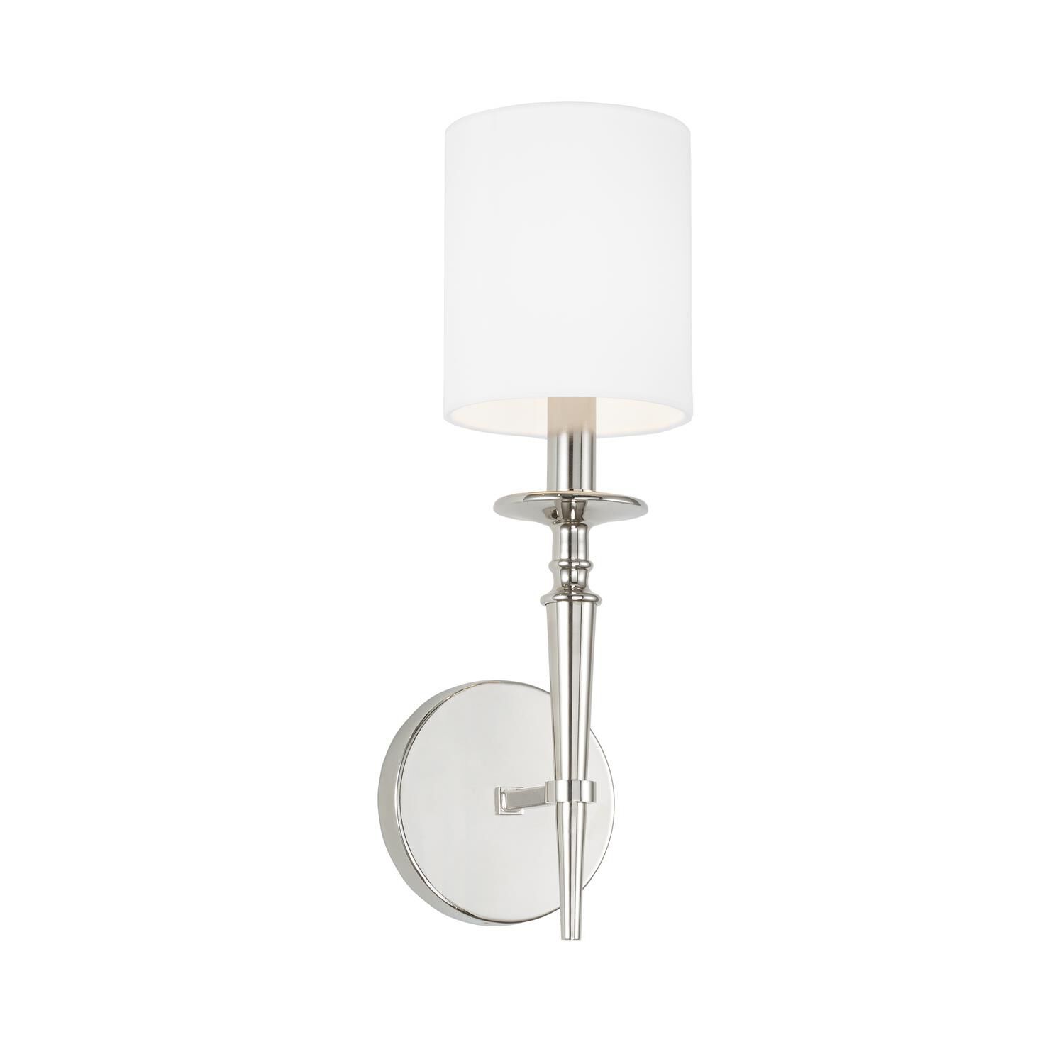 Shown in Polished Nickel finish and 701 glass and White Fabric Stay-Straight shade