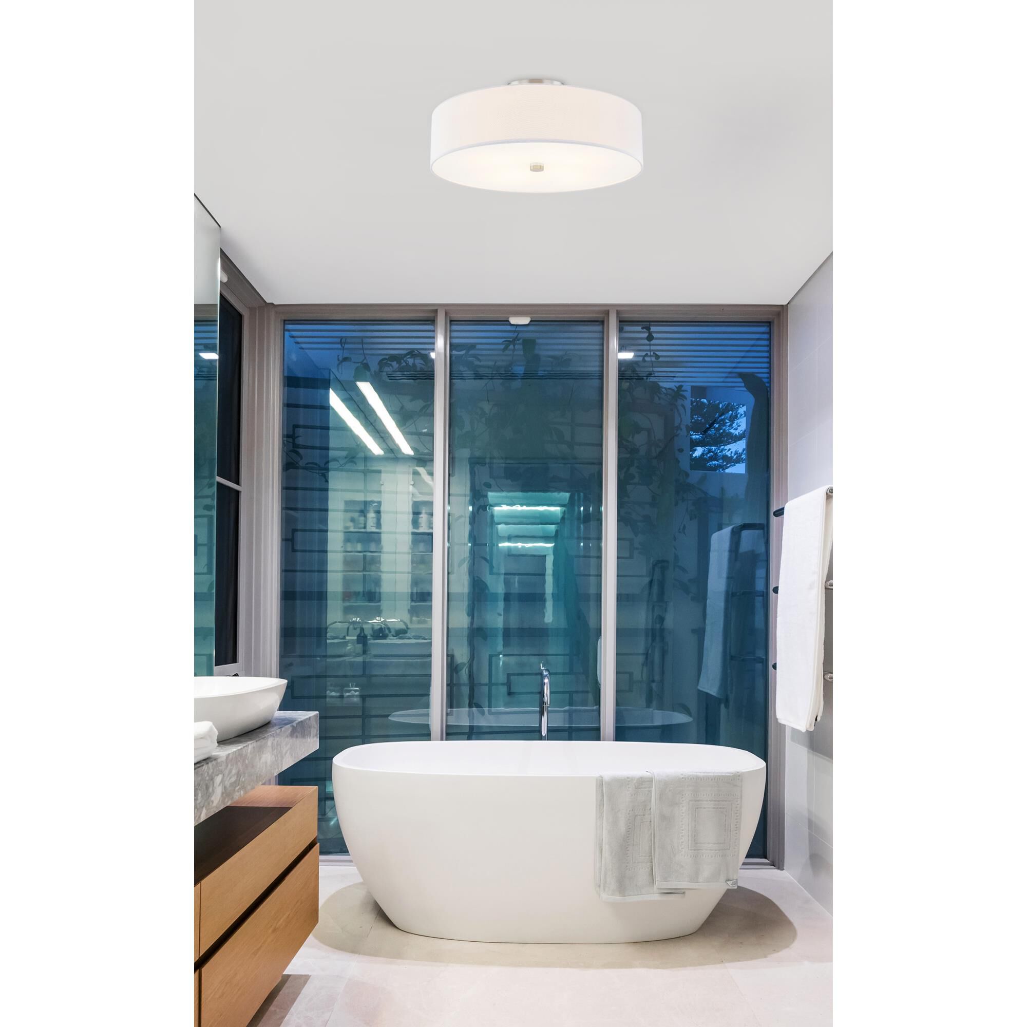 Shown in Brushed Nickel finish and Cream Woven Fabric shade