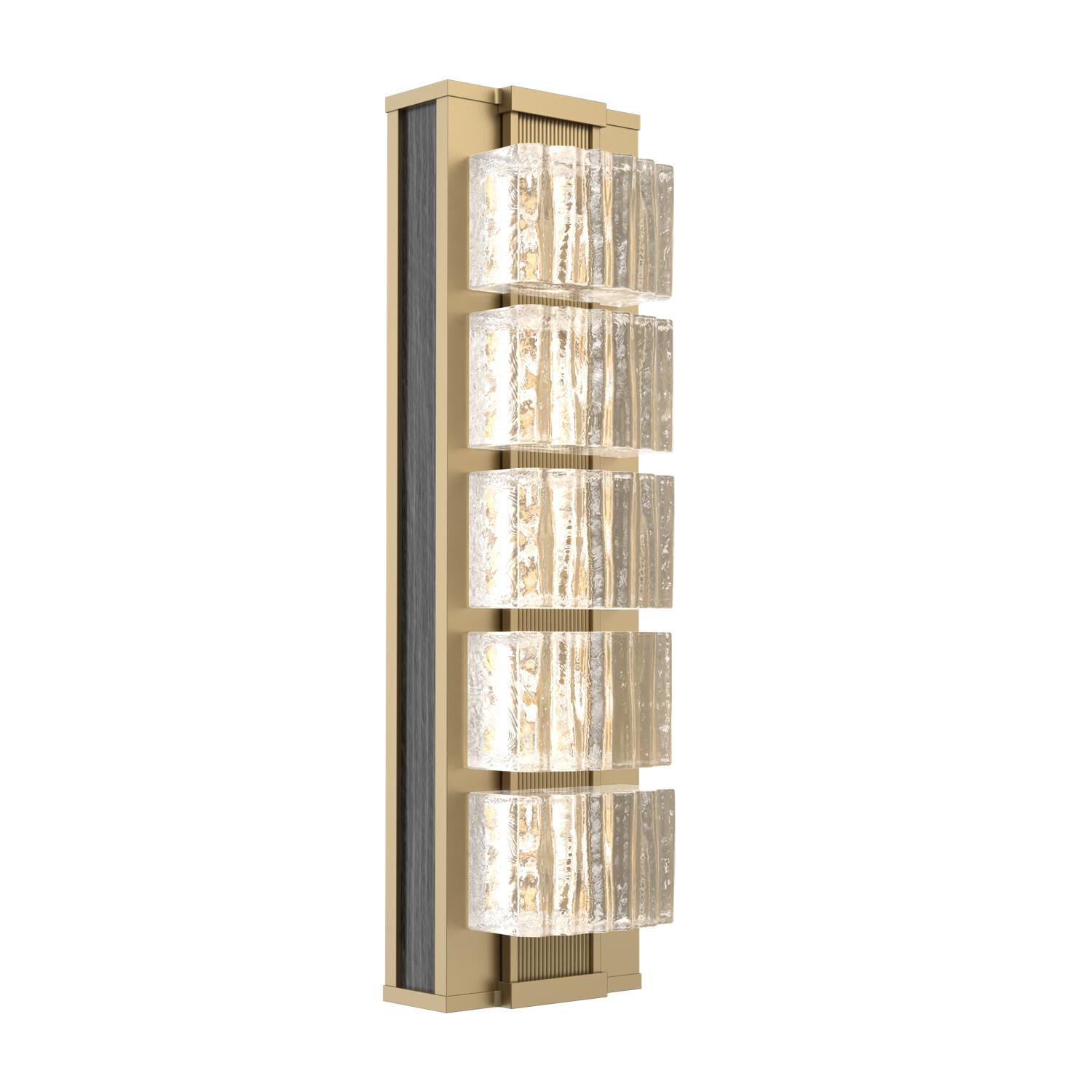Shown in Gilded Brass finish and Clear Ribbed glass and Dark Oak accent