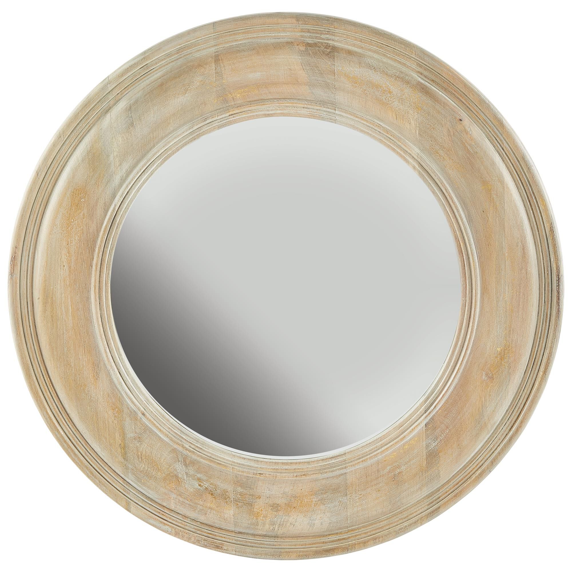 Shown in White Washed Wood With Gold Leaf finish and Round glass