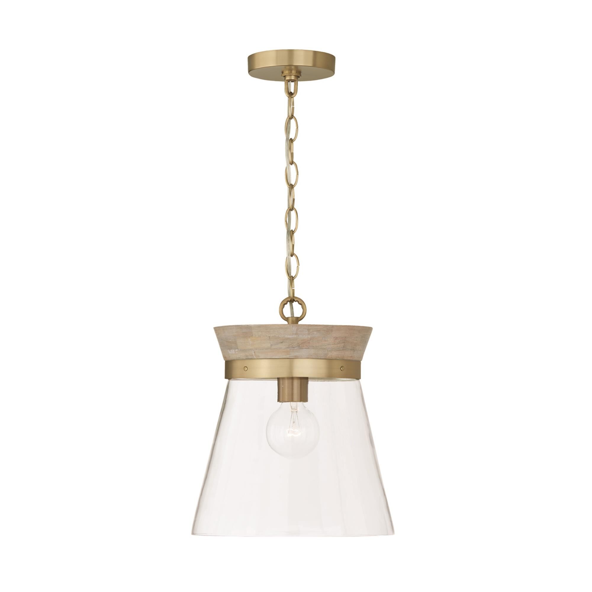 Shown in White Wash and Matte Brass finish and Clear glass