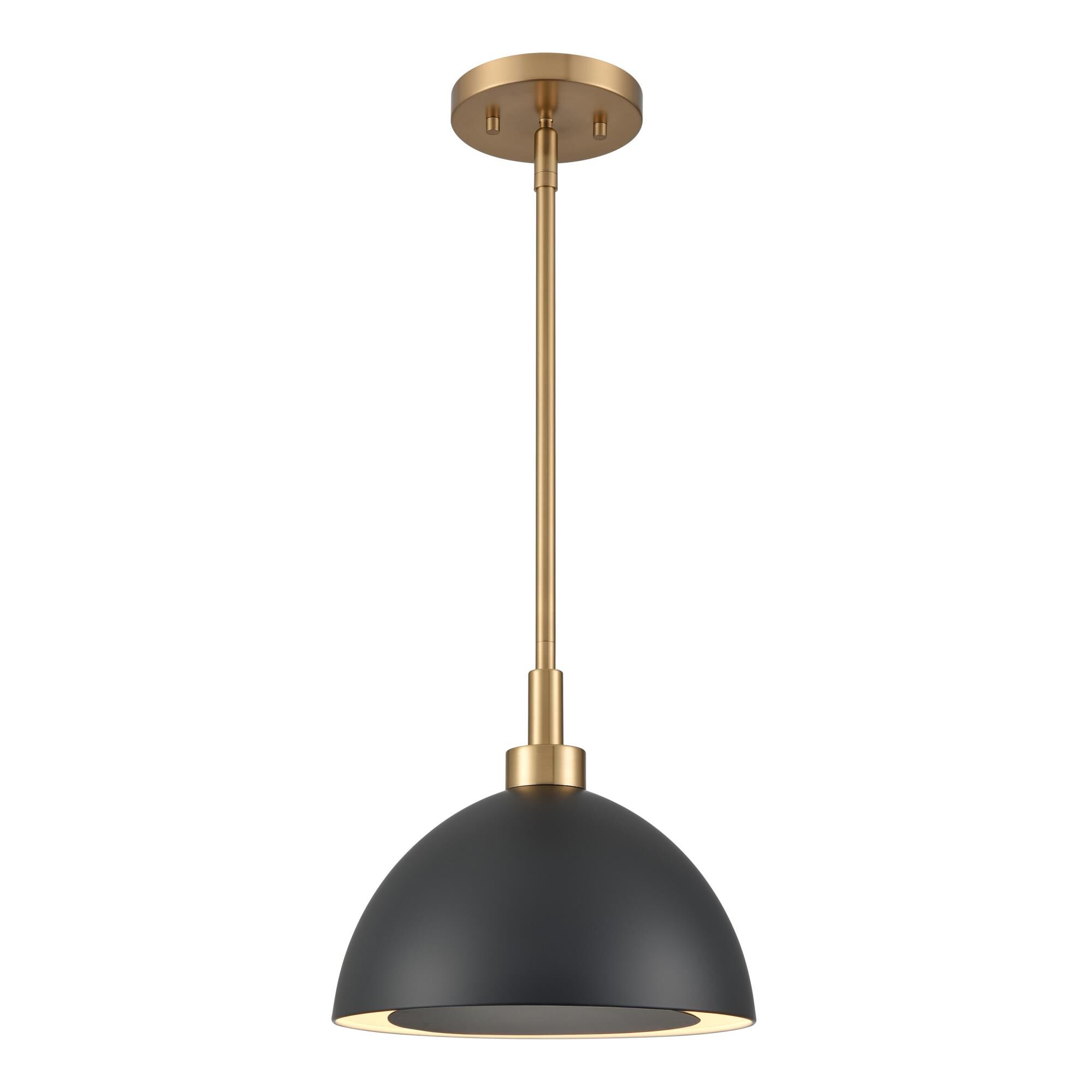 Shown in Satin Brass finish and Matte Black Metal Shade glass and Matte Black Metal shade