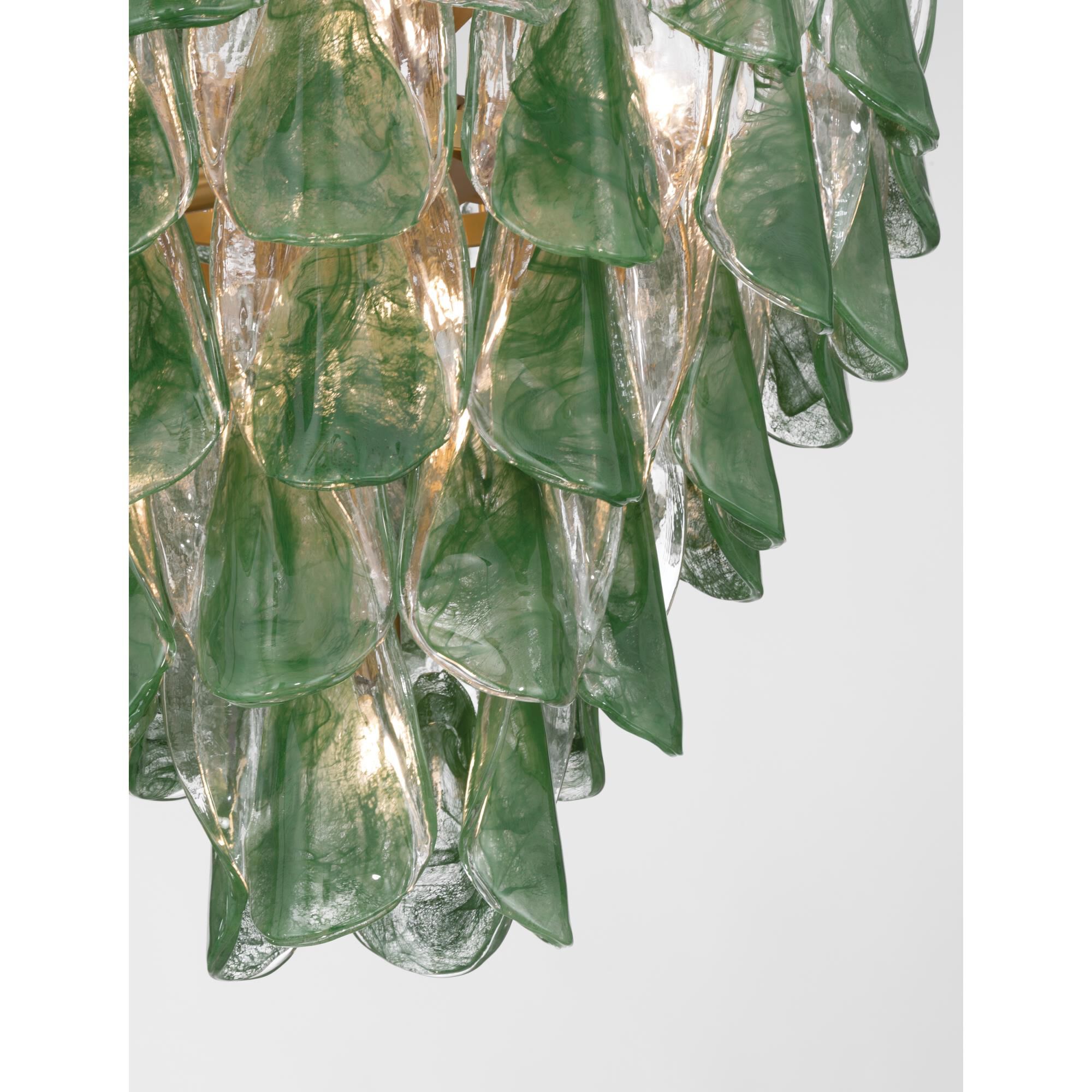 Shown in Legacy Brass finish and Green and Clear Hand-Formed glass