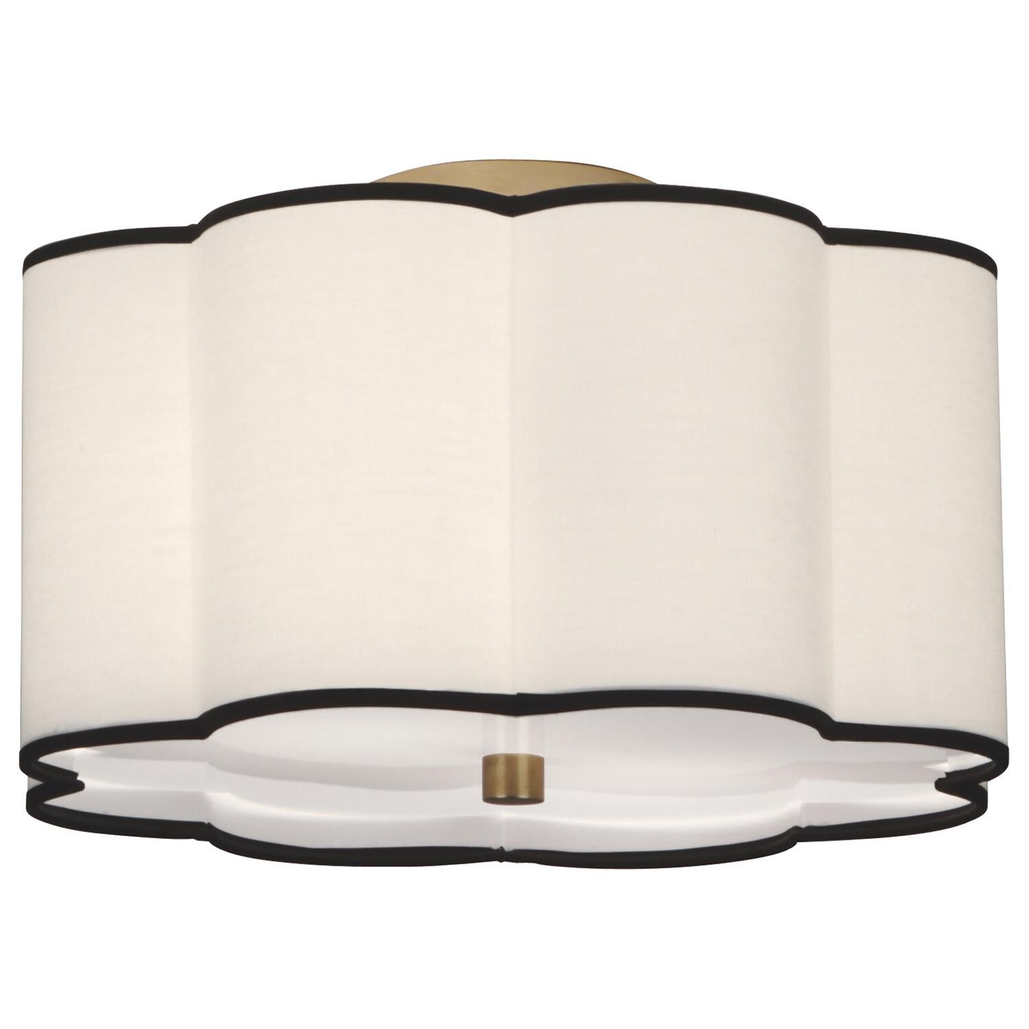 Shown in Aged Brass  finish and Scalloped Fondine Fabric With Contrasting Trim shade