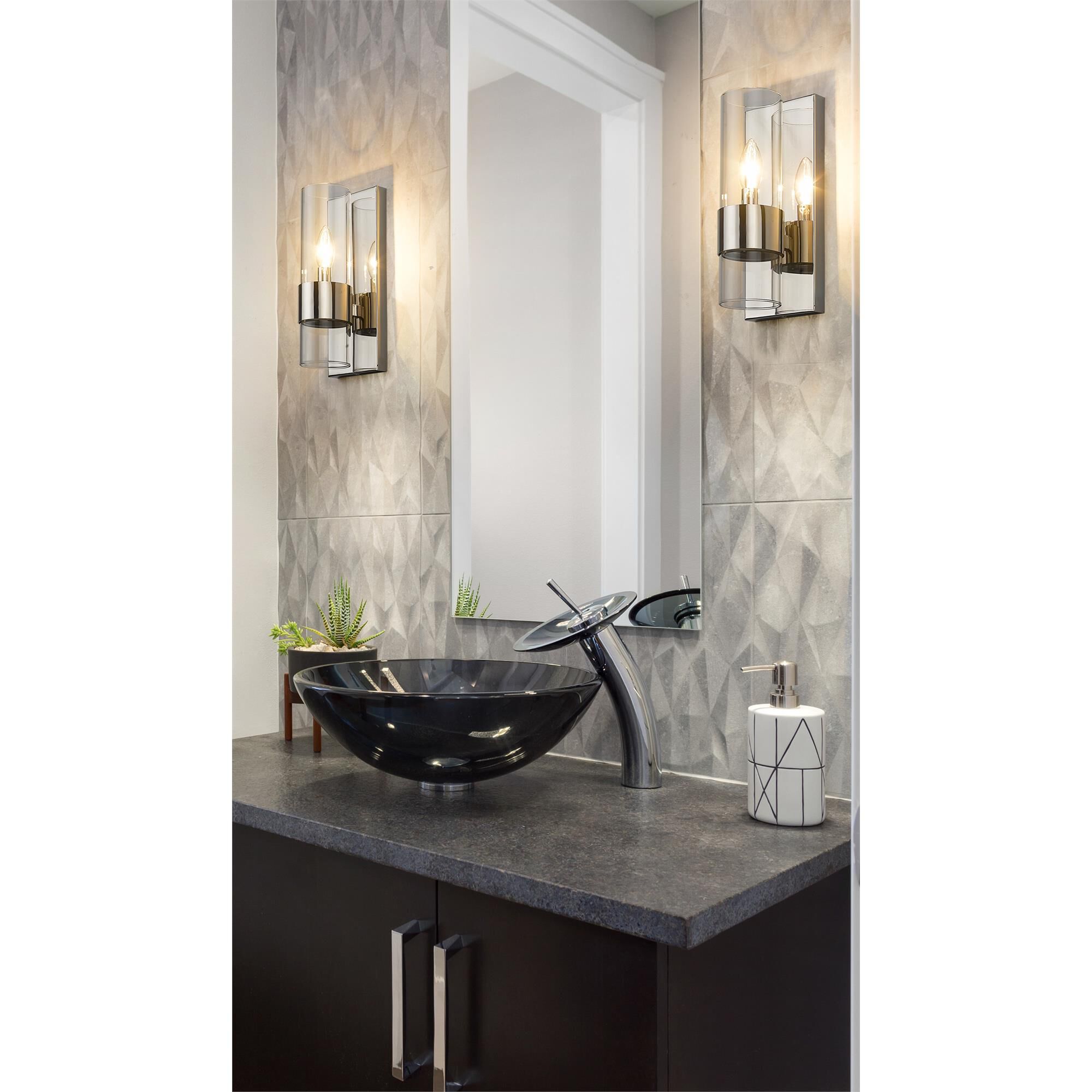 Shown in Polished Nickel finish and Clear glass and Clear shade