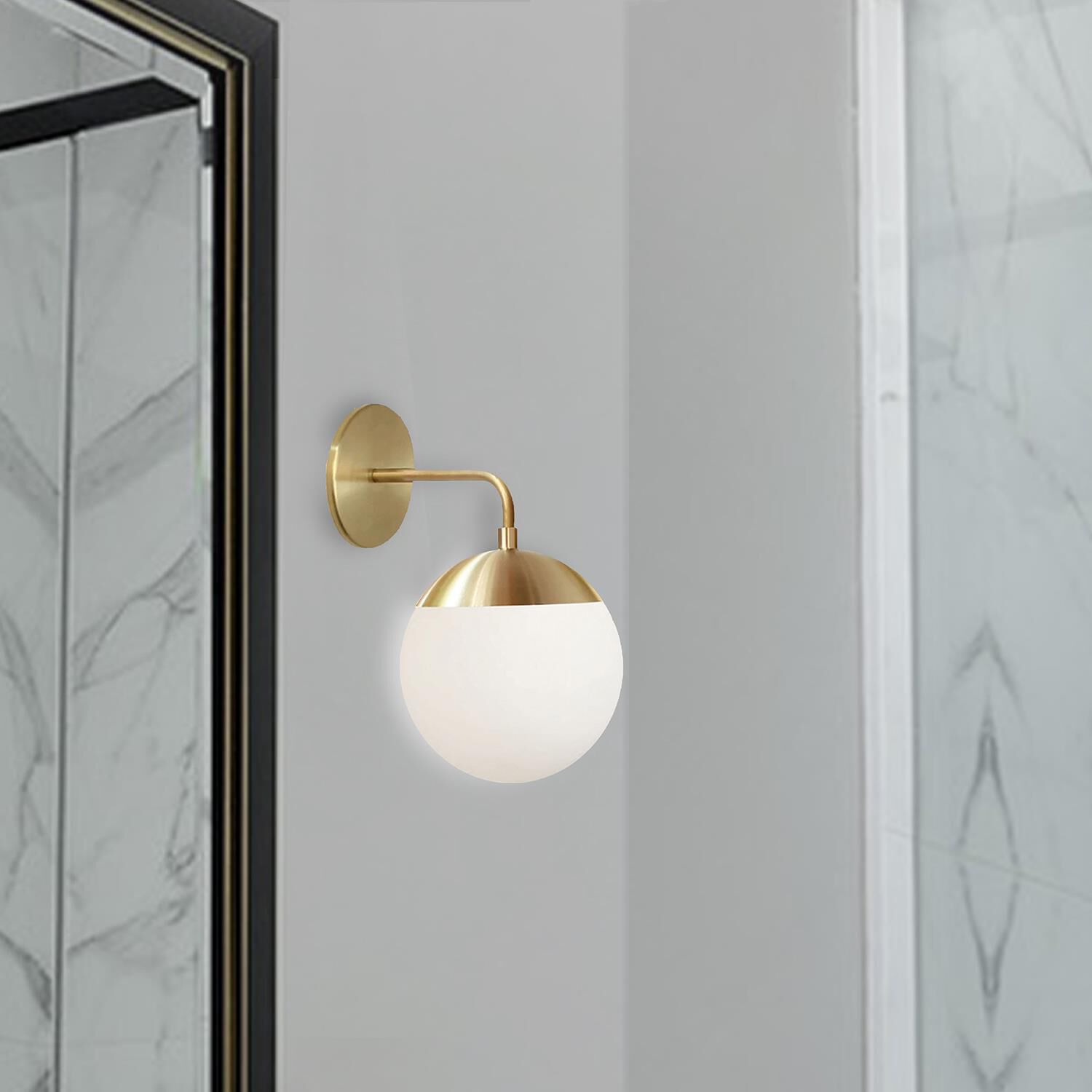 Shown in Aged Brass and White finish and White Globe glass