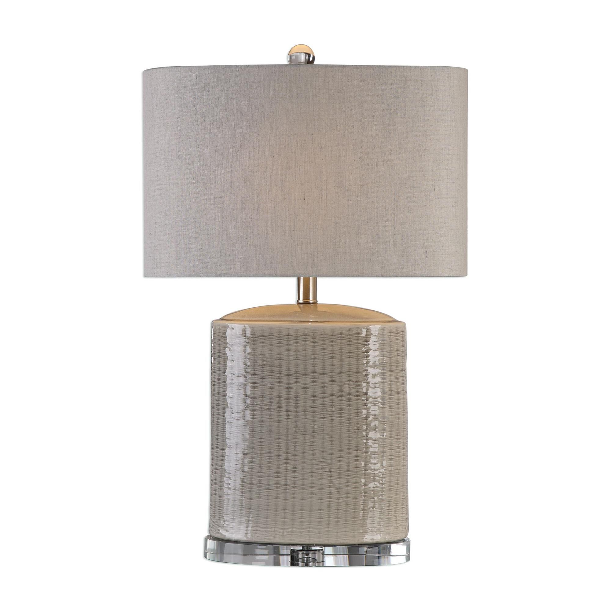 Shown in Taupe Gray Glaze-Brushed Nickel finish and Beige Linen Fabric shade