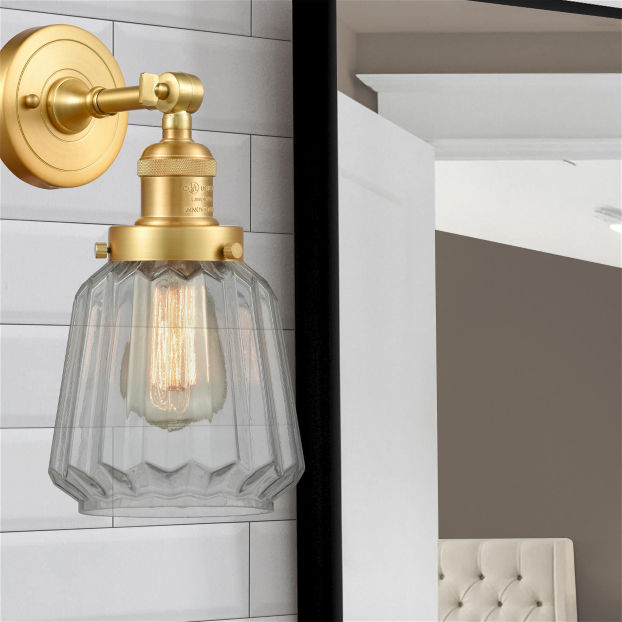 Shown in Satin Gold finish and Clear Chatham glass