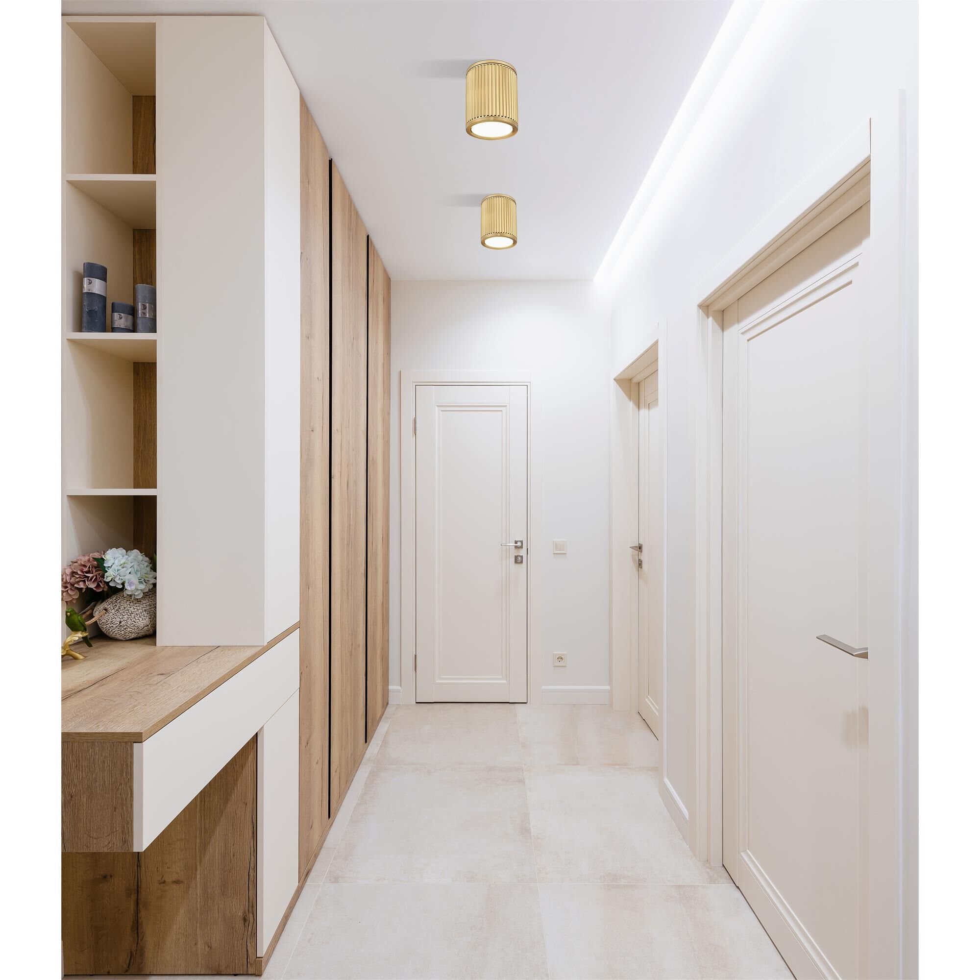 Shown in Modern Gold finish and Frosted glass and Frosted shade