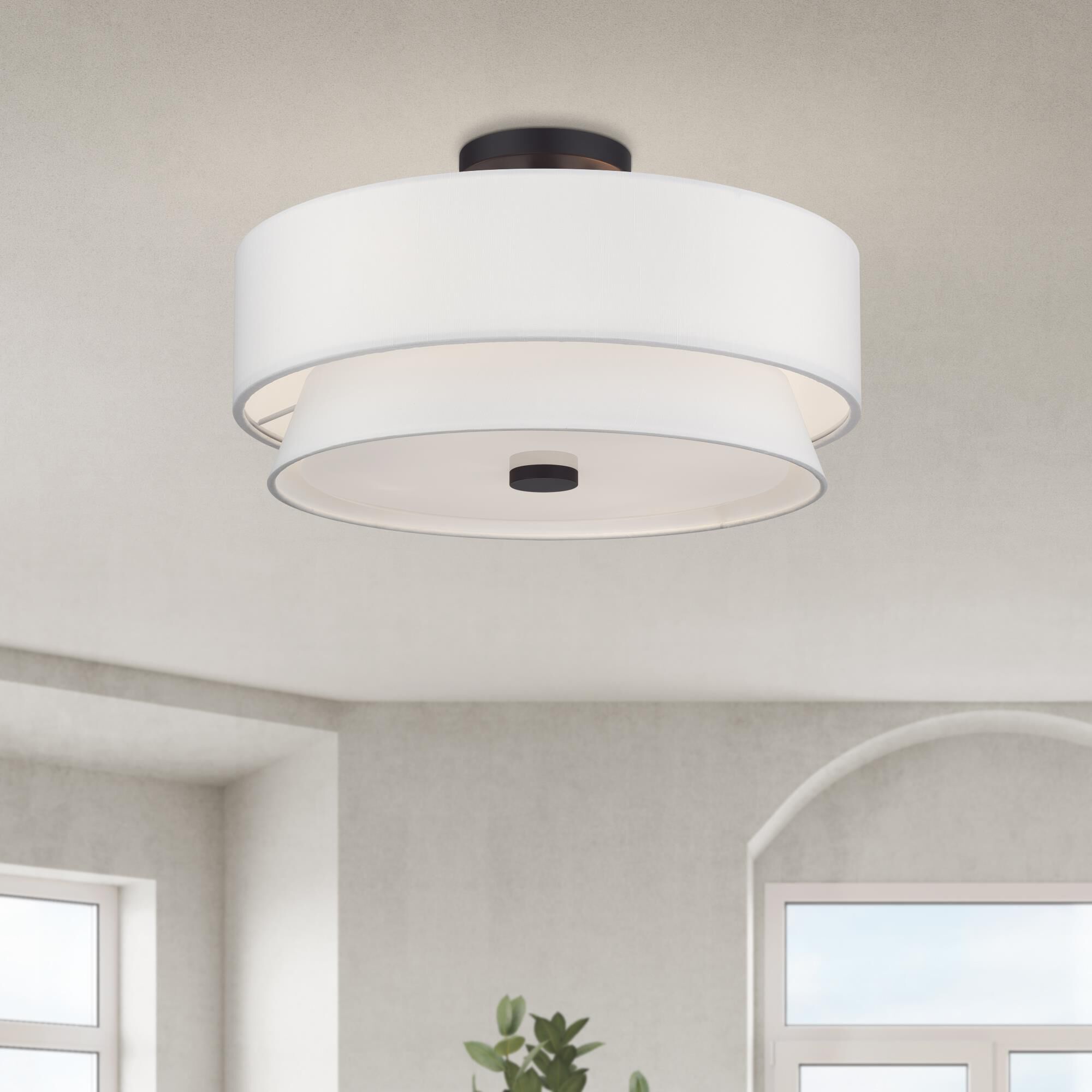 Shown in Bronze finish and Hand Crafted Off-White Fabric Hardbacks with White Fabric Inside shade