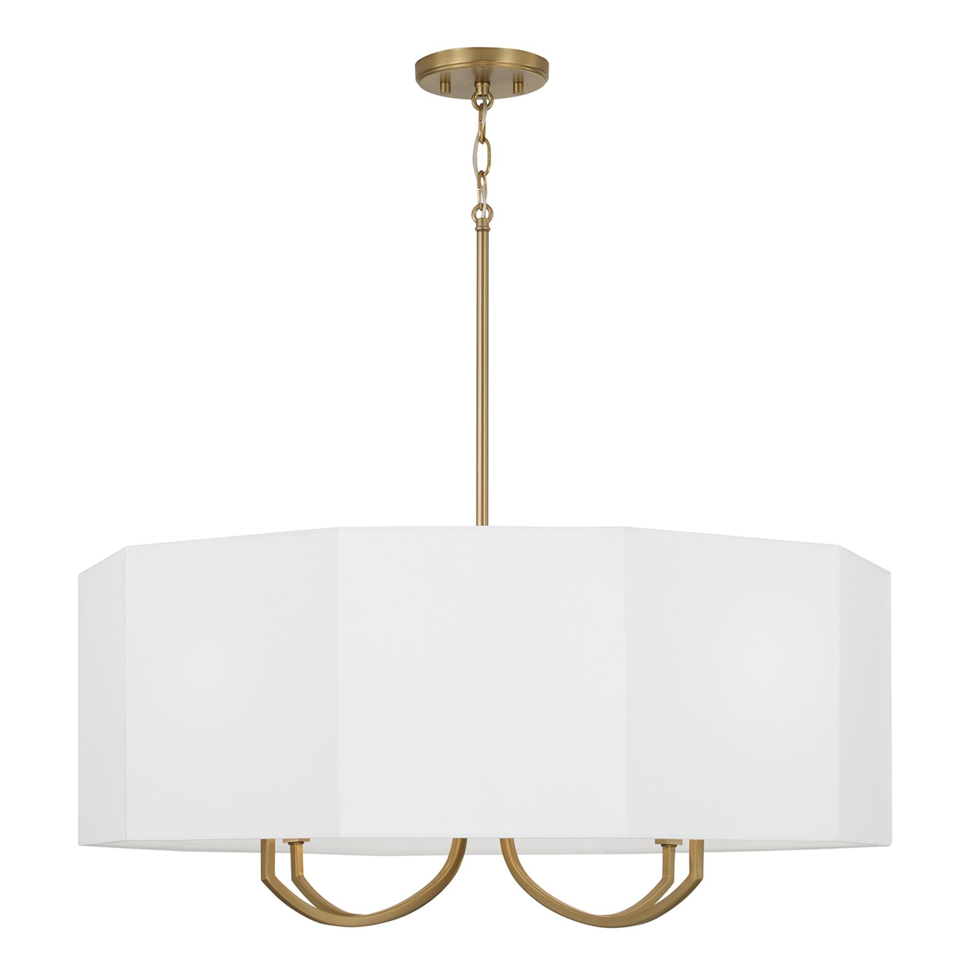 Shown in Aged Brass finish and White Fabric Octagonal shade