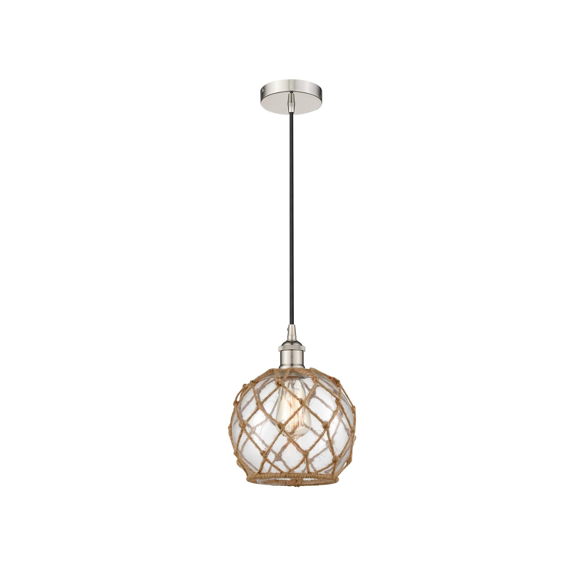 Shown in Polished Nickel finish and Clear Farmhouse With Brown Rope glass