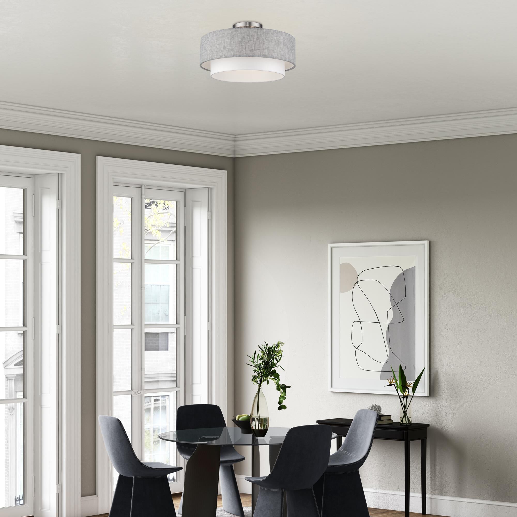 Shown in Brushed Nickel finish and Hand Crafted Urban Gray and Hand Crafted White Fabric Hardbacks with White Fabric Inside shade