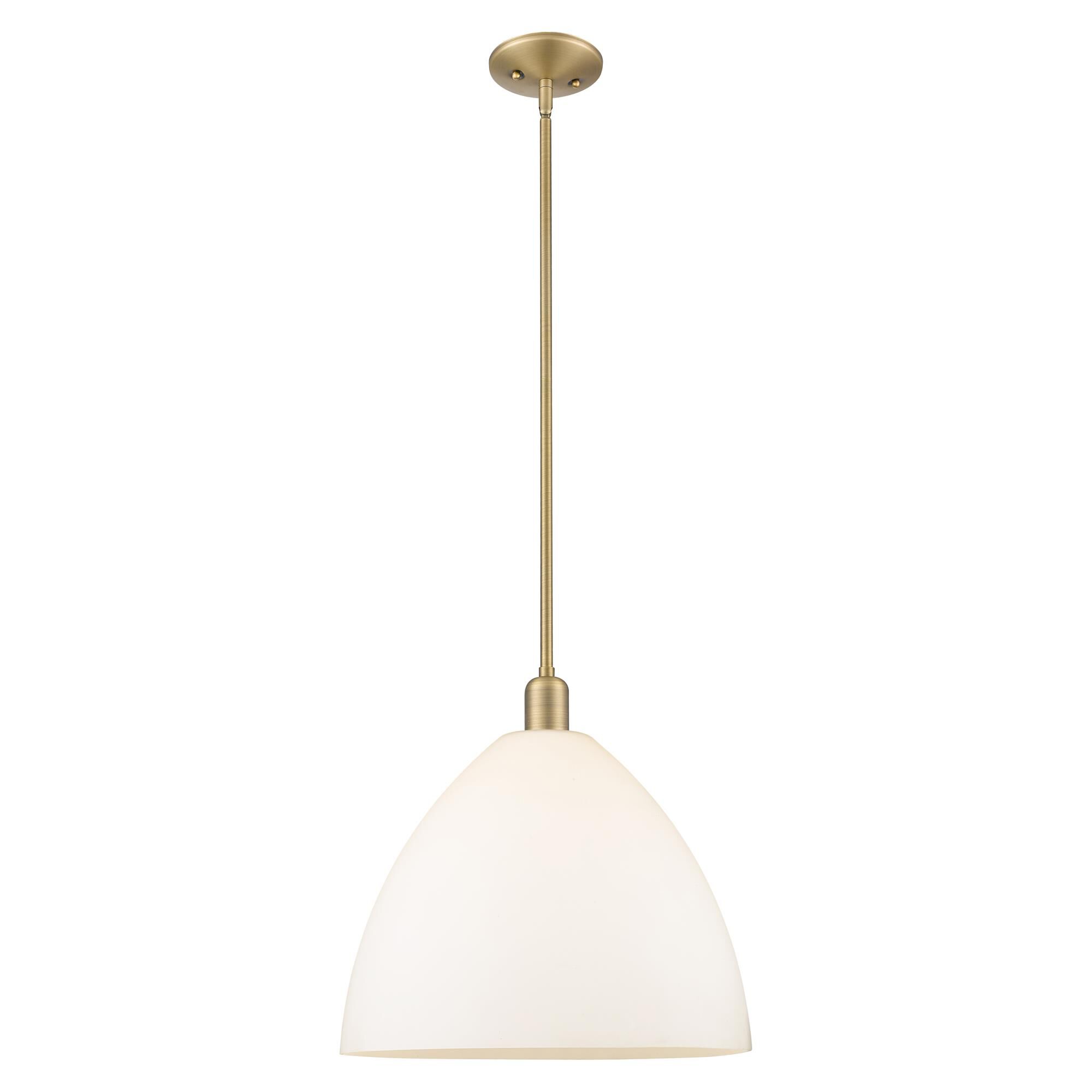 Shown in Brushed Brass finish and Matte White glass