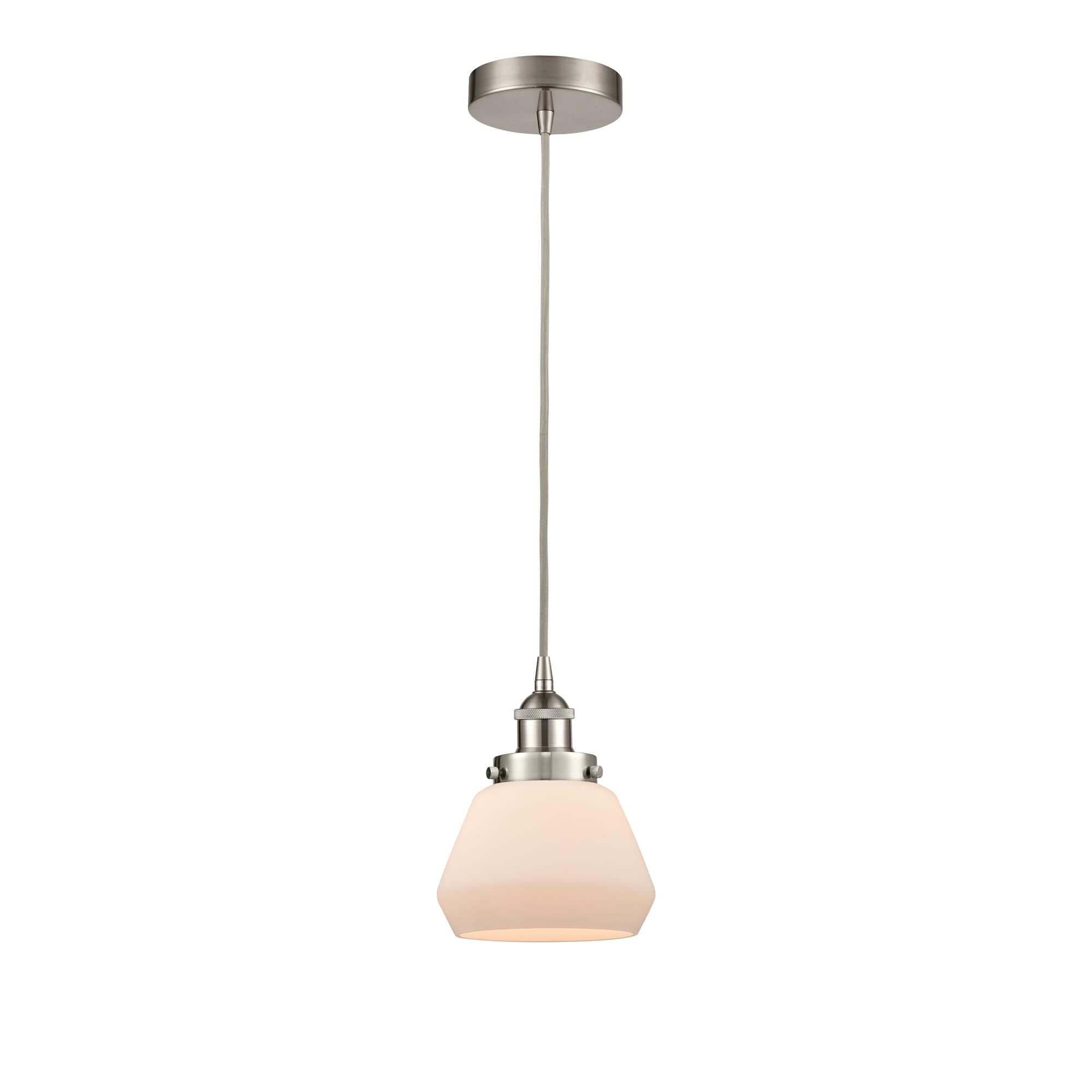 Shown in Brushed Satin Nickel finish and Matte White Cased Fulton glass