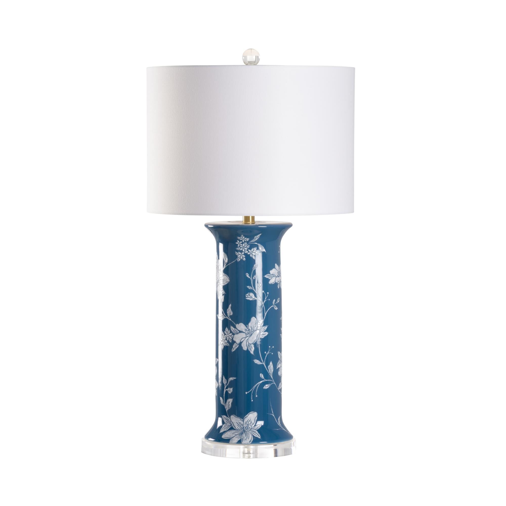 Shown in Blue Glaze, Hand Painted and Clear finish and White Linen shade