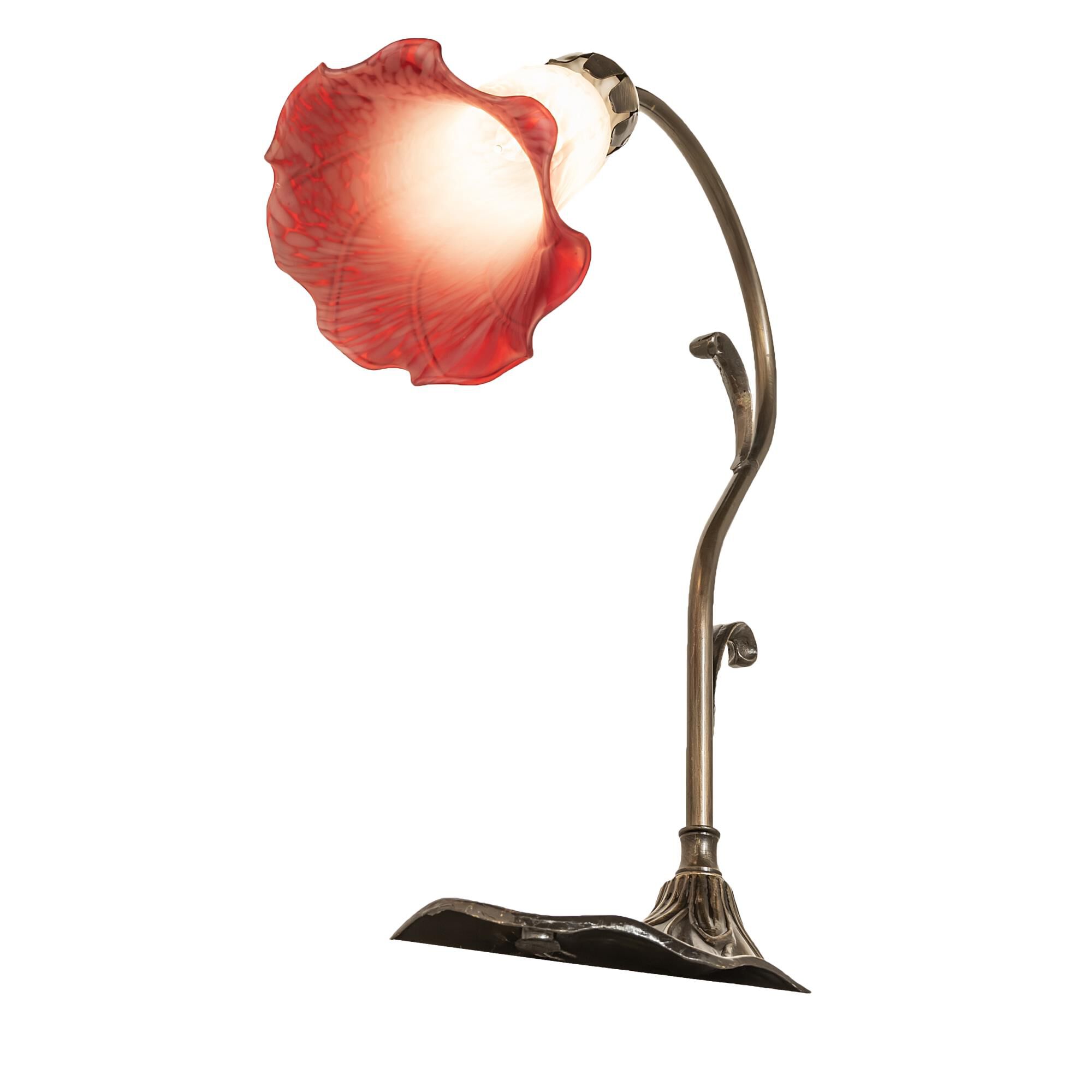 Shown in Antique Brass finish and Ruby;White glass