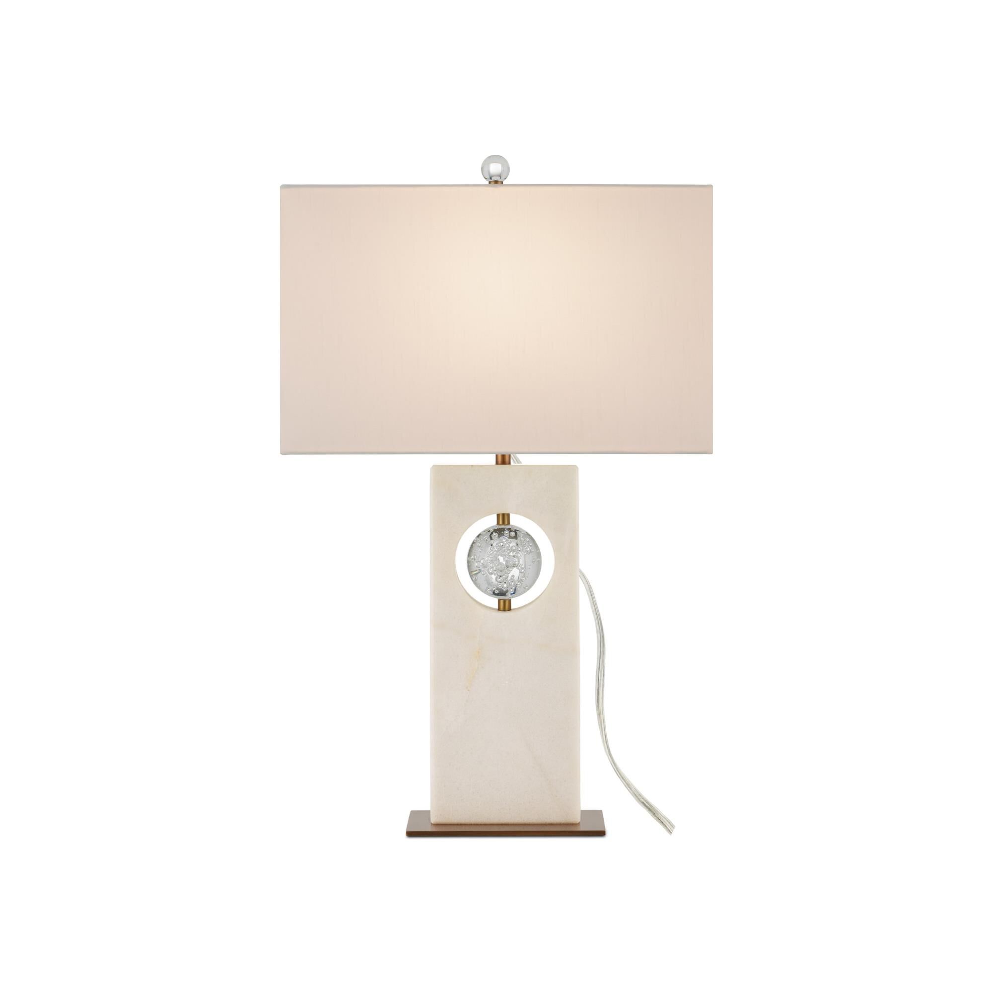 Shown in White/Clear/Antique Brass finish and Natural Linen shade