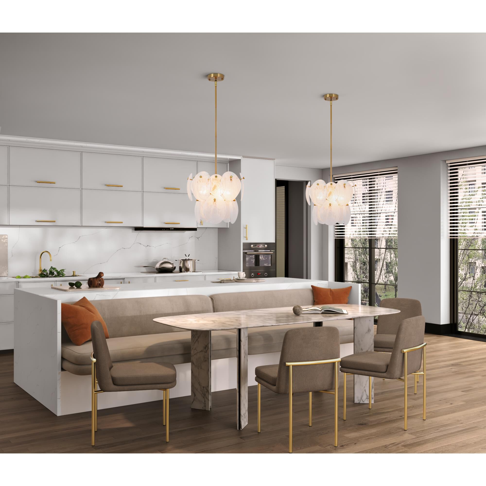 Shown in Brushed Brass finish and Wispy White Murano Style glass