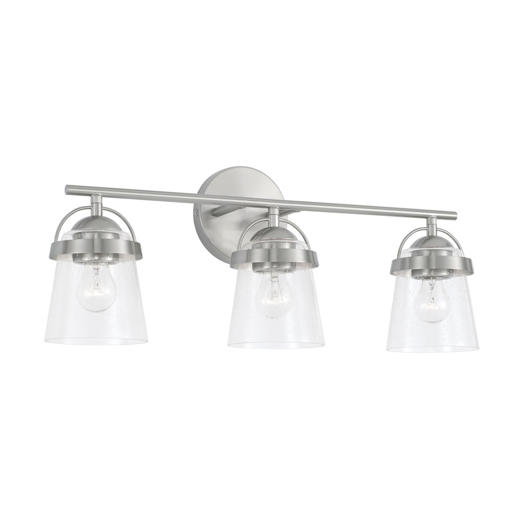 Shown in Brushed Nickel finish and Clear Seeded glass