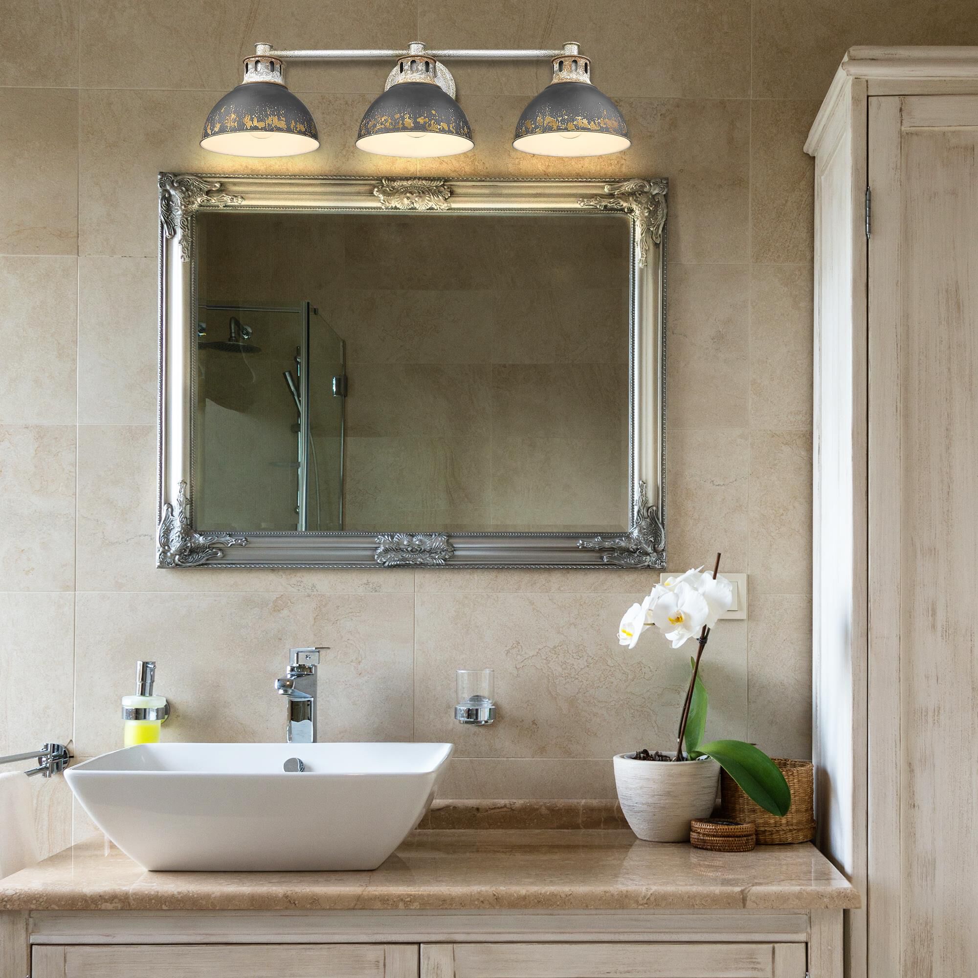 Shown in Aged Galvanized Steel finish and Antique Black Iron shade