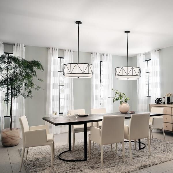 Shown in Black finish and Satin Etched glass and White Fabric shade