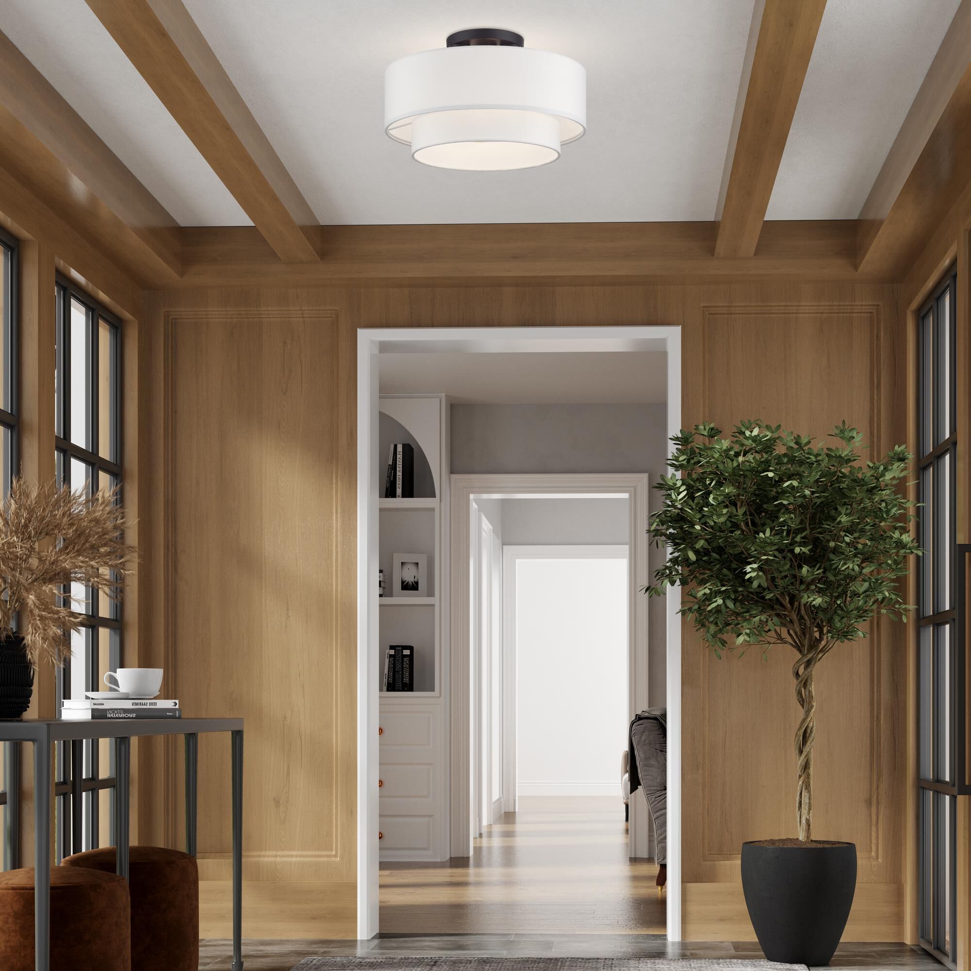 Shown in Bronze finish and Hand Crafted Off-White Fabric Hardbacks with White Fabric Inside shade