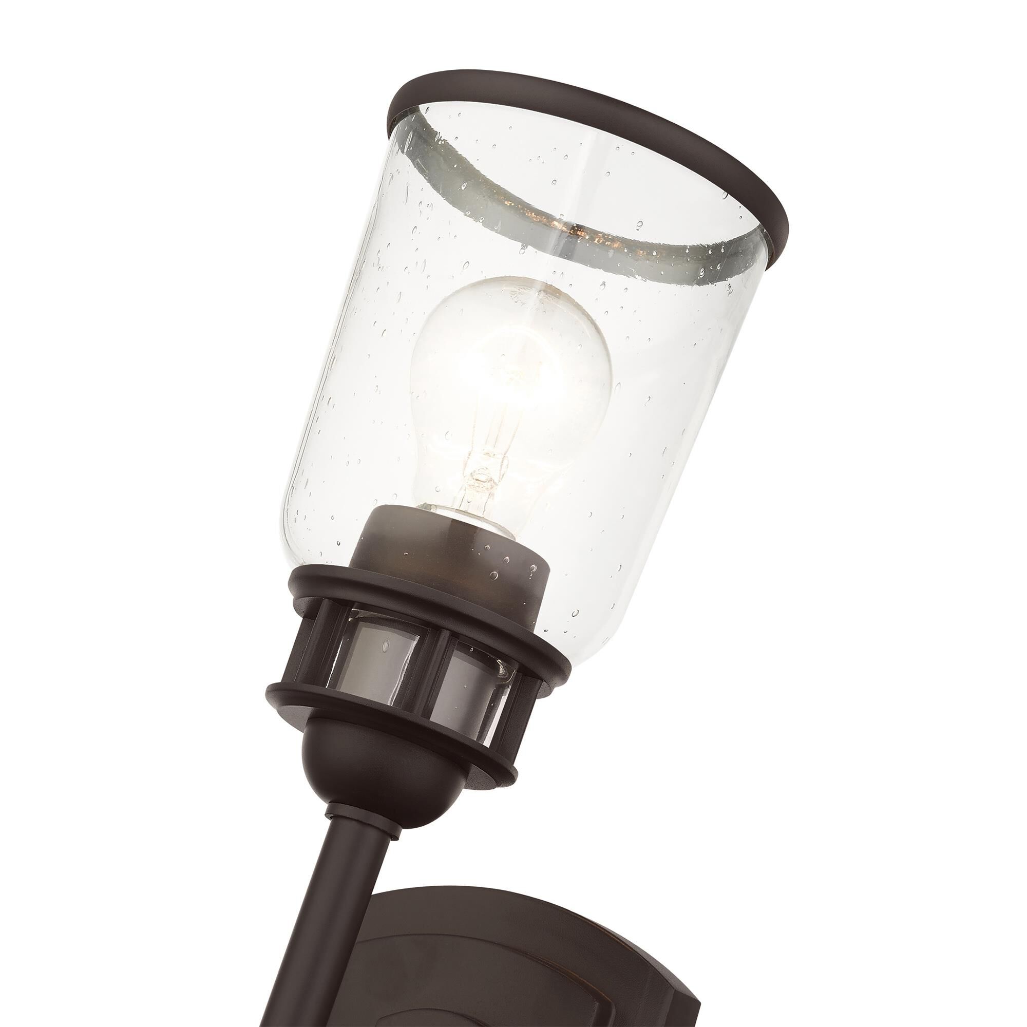 Shown in Bronze finish and Hand Blown Clear Seeded glass and Hand Blown Clear Seeded Glass shade