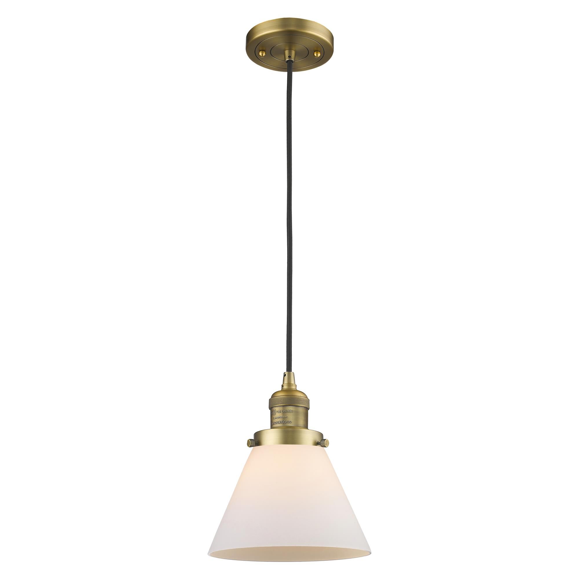 Shown in Brushed Brass finish and Matte White Cased glass