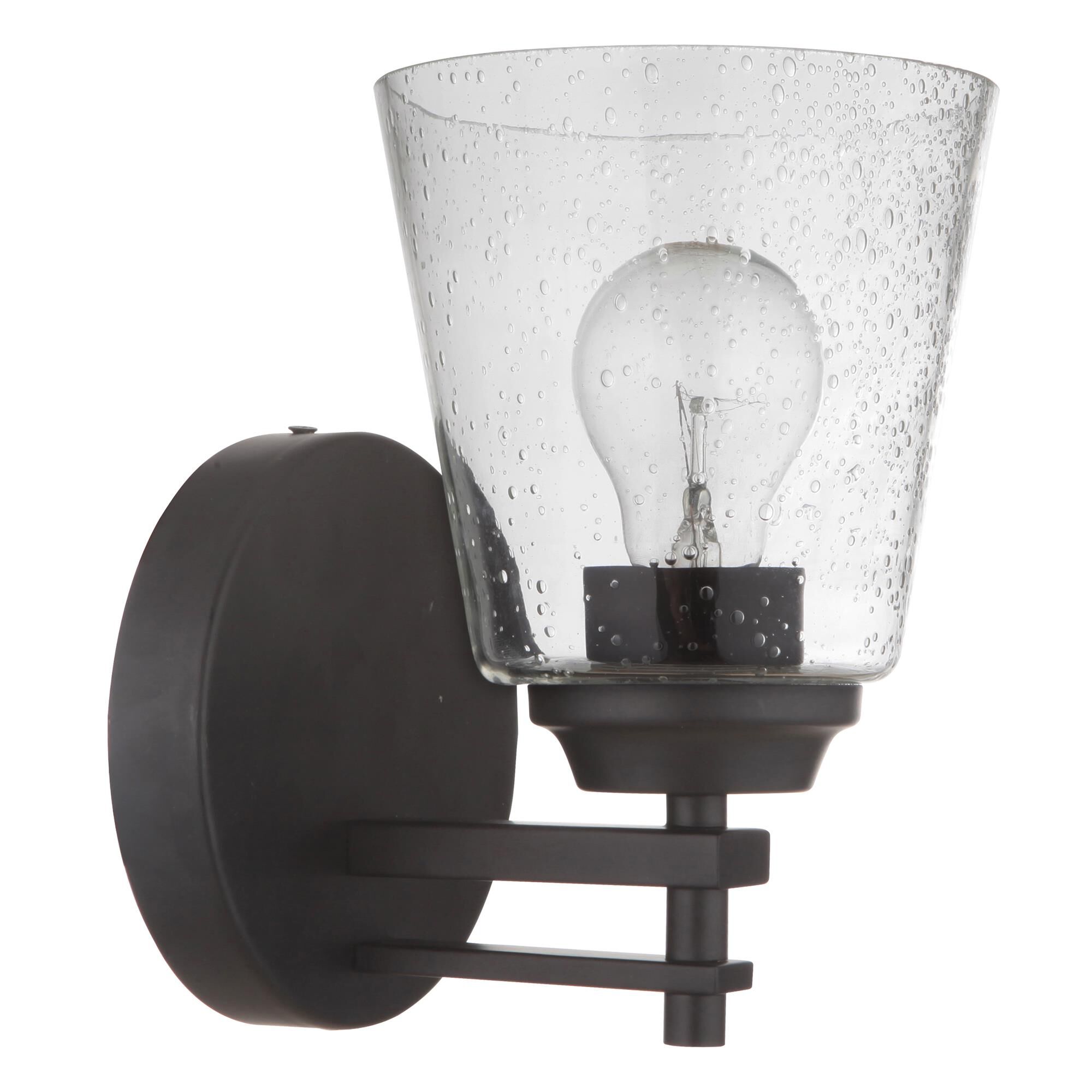 Shown in Flat Black finish and Clear Seeded glass and Glass shade