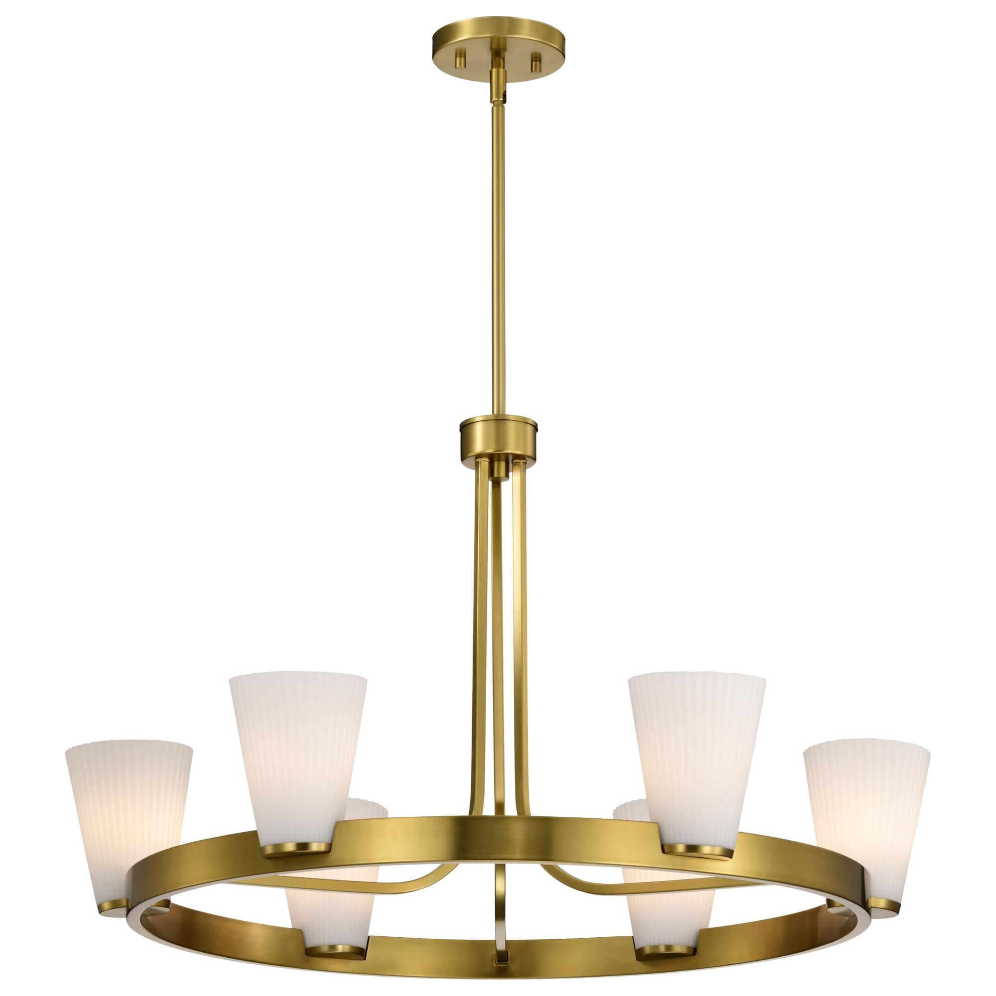 Shown in Burnished Brass finish and Ribbed White glass