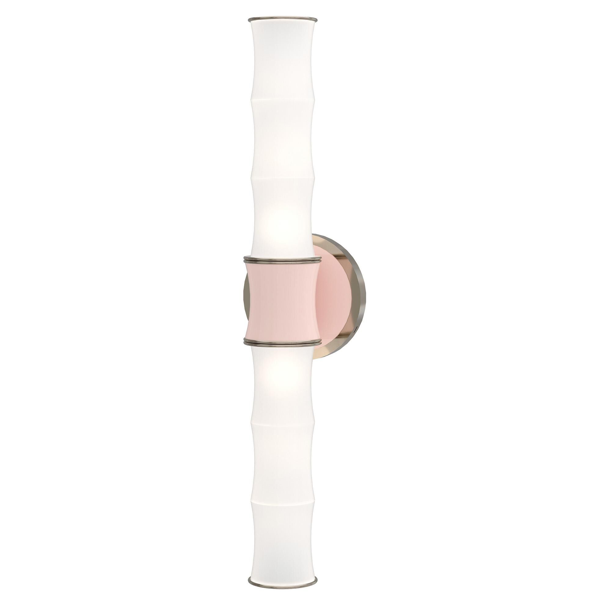 Shown in Rose Water finish and White Frosted glass and Polished Nickel accent