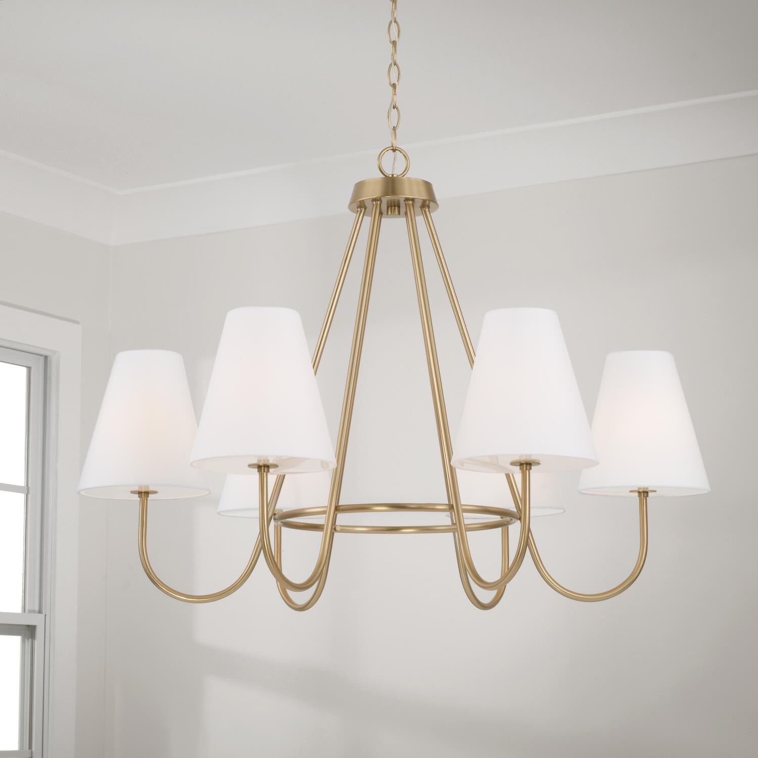 Shown in Matte Brass finish and Soft White Fabric Stay-Straight shade