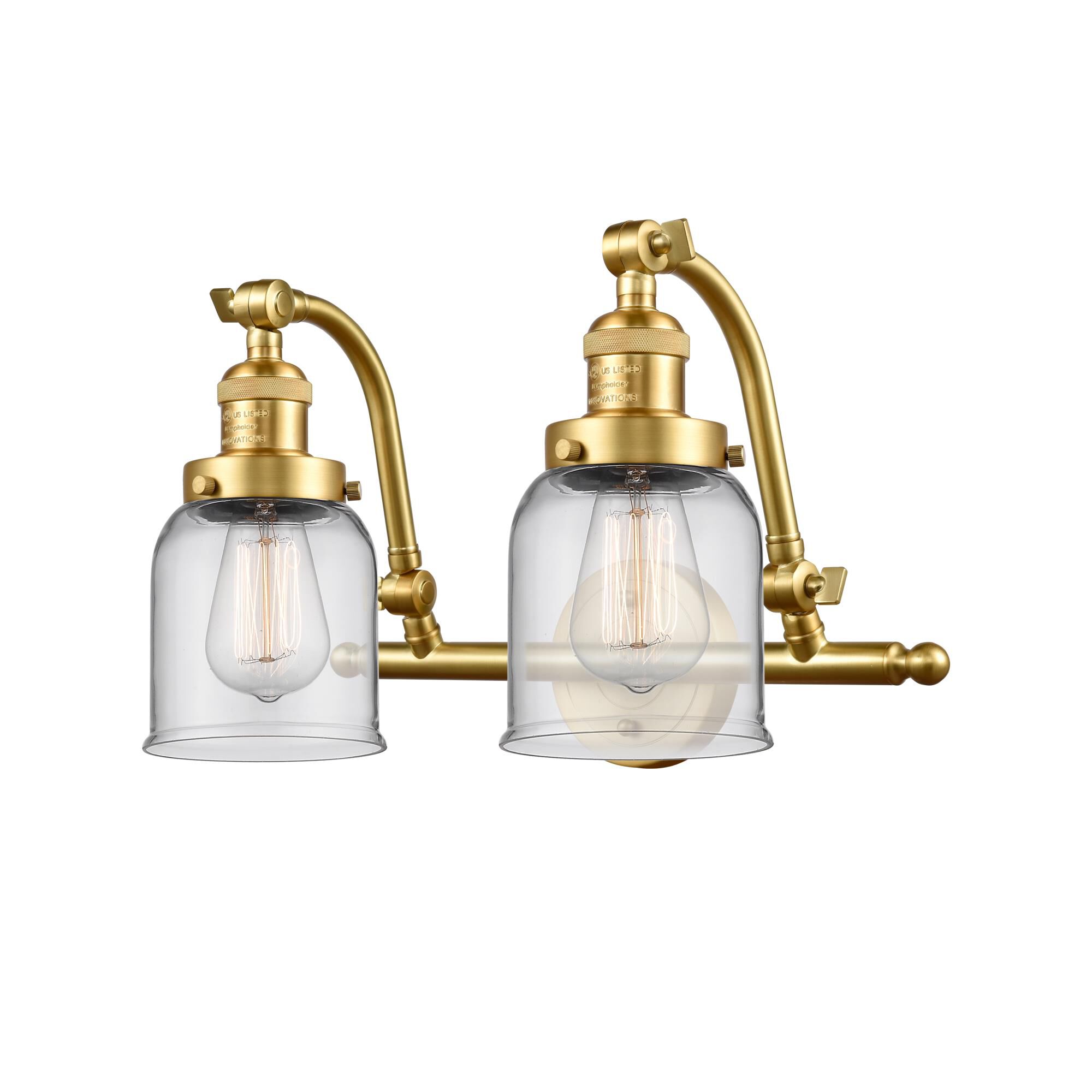 Shown in Satin Gold finish and Clear Small Bell glass