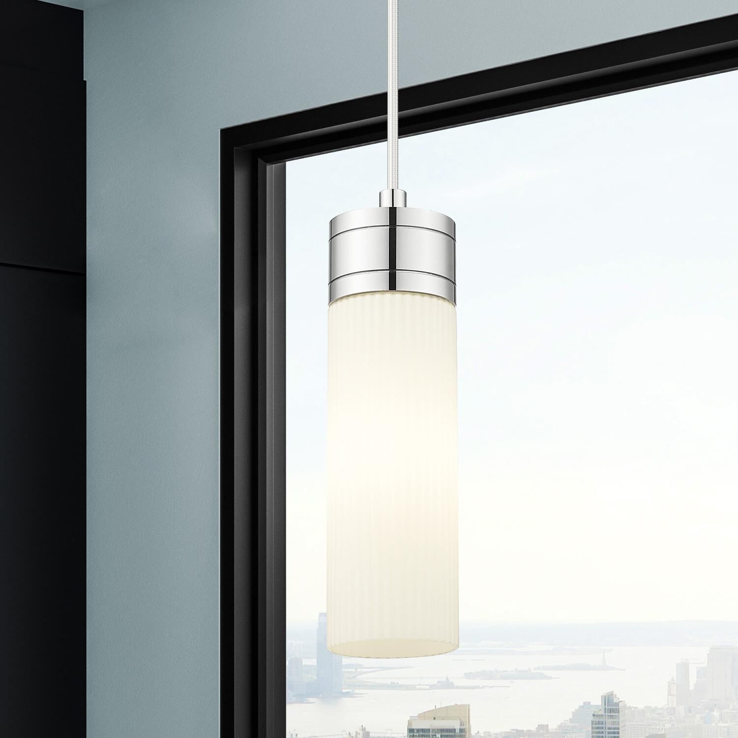 Shown in Polished Chrome finish and Striped White glass