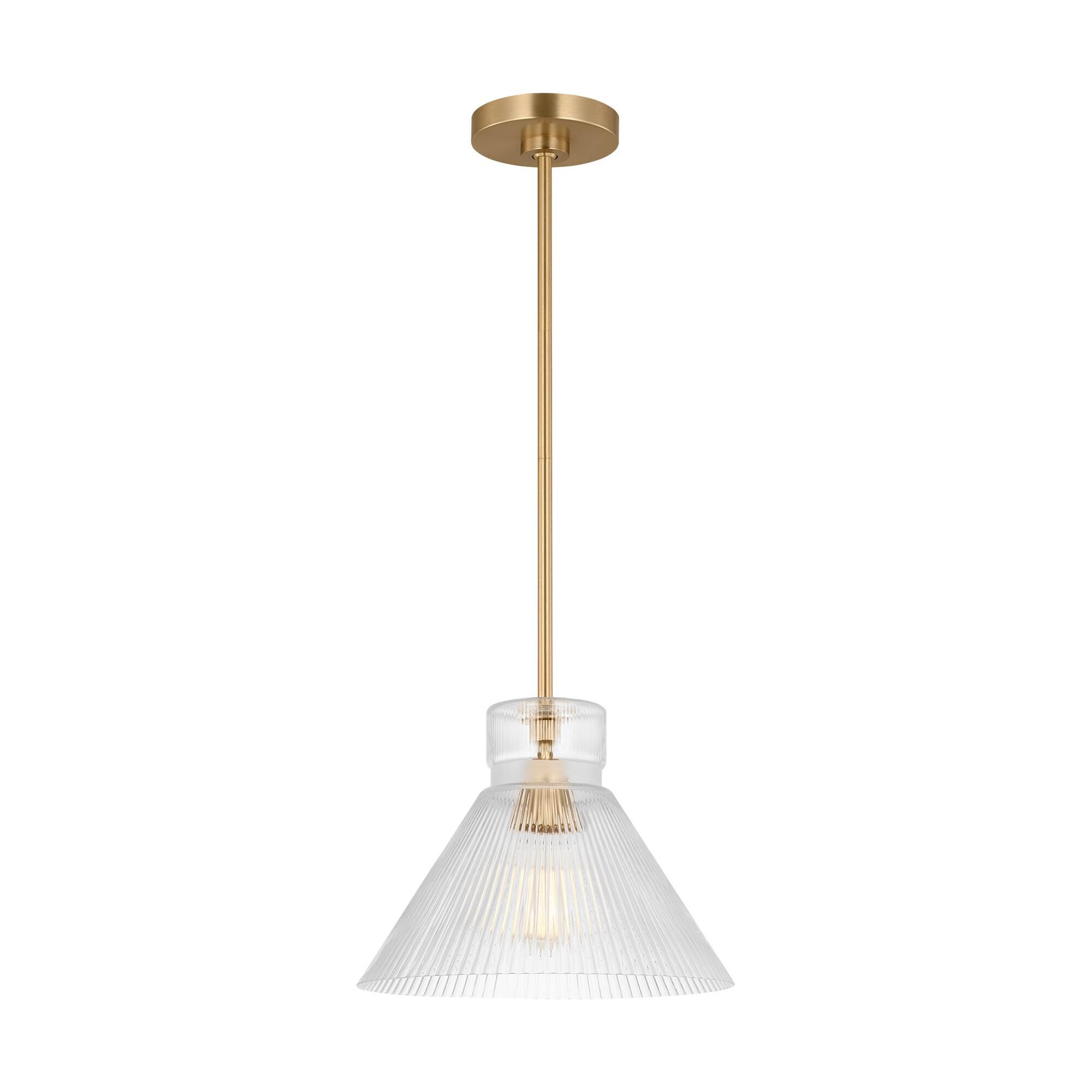 Shown in Satin Brass finish and Clear Ribbed glass