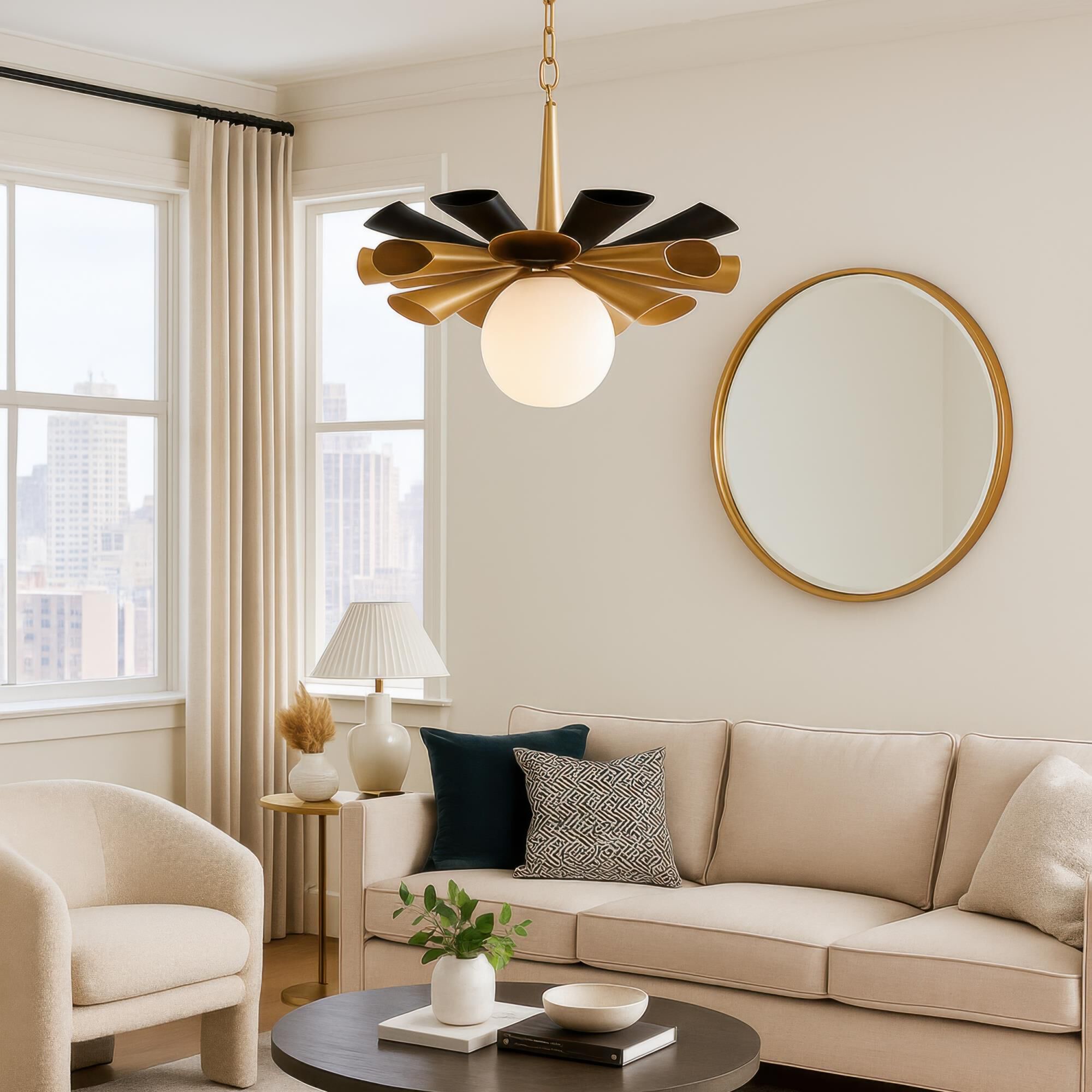 Shown in Black and Gold finish and Frosted Opal White glass