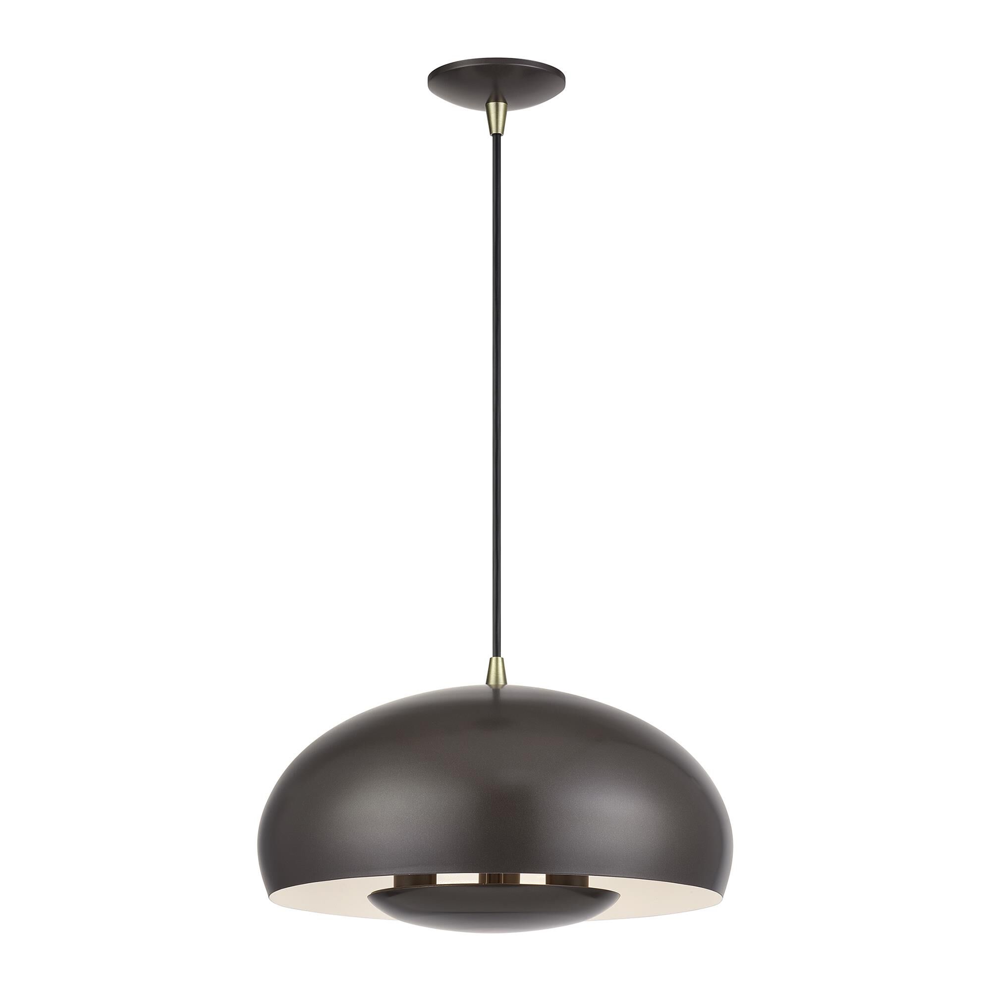 Shown in English Bronze with Antique Brass Accents finish and English Bronze Steel with Shiny White Inside shade