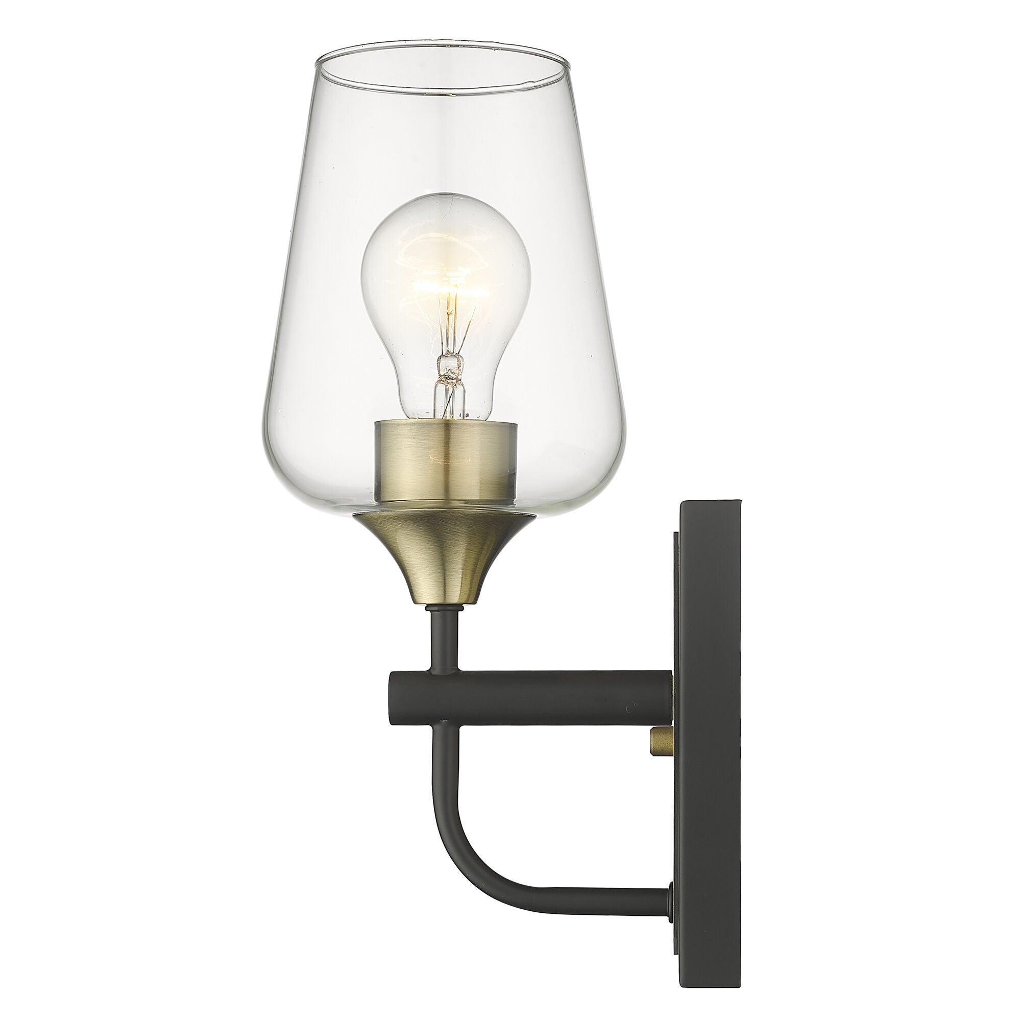 Shown in Antique Brass And Black finish and Clear Glass shade