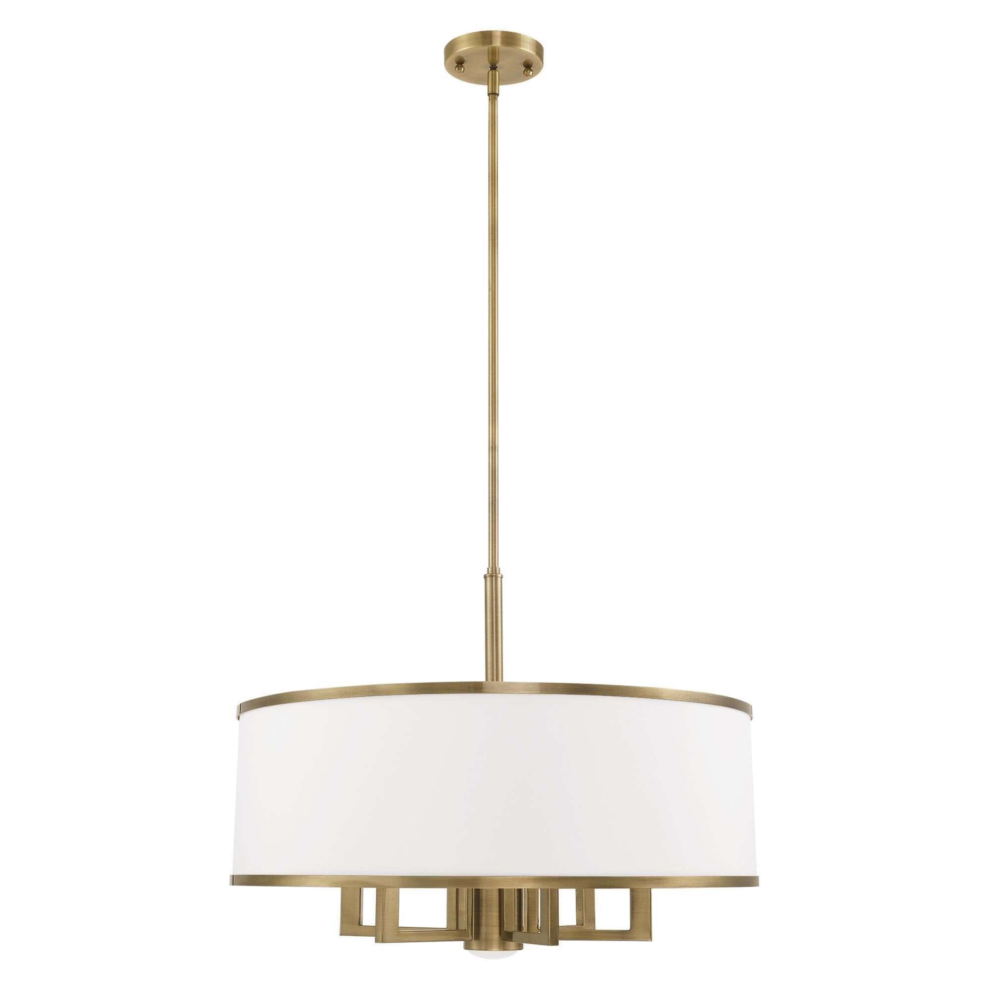 Shown in Antique Brass finish and Hand Crafted Off-White Fabric Hardback shade