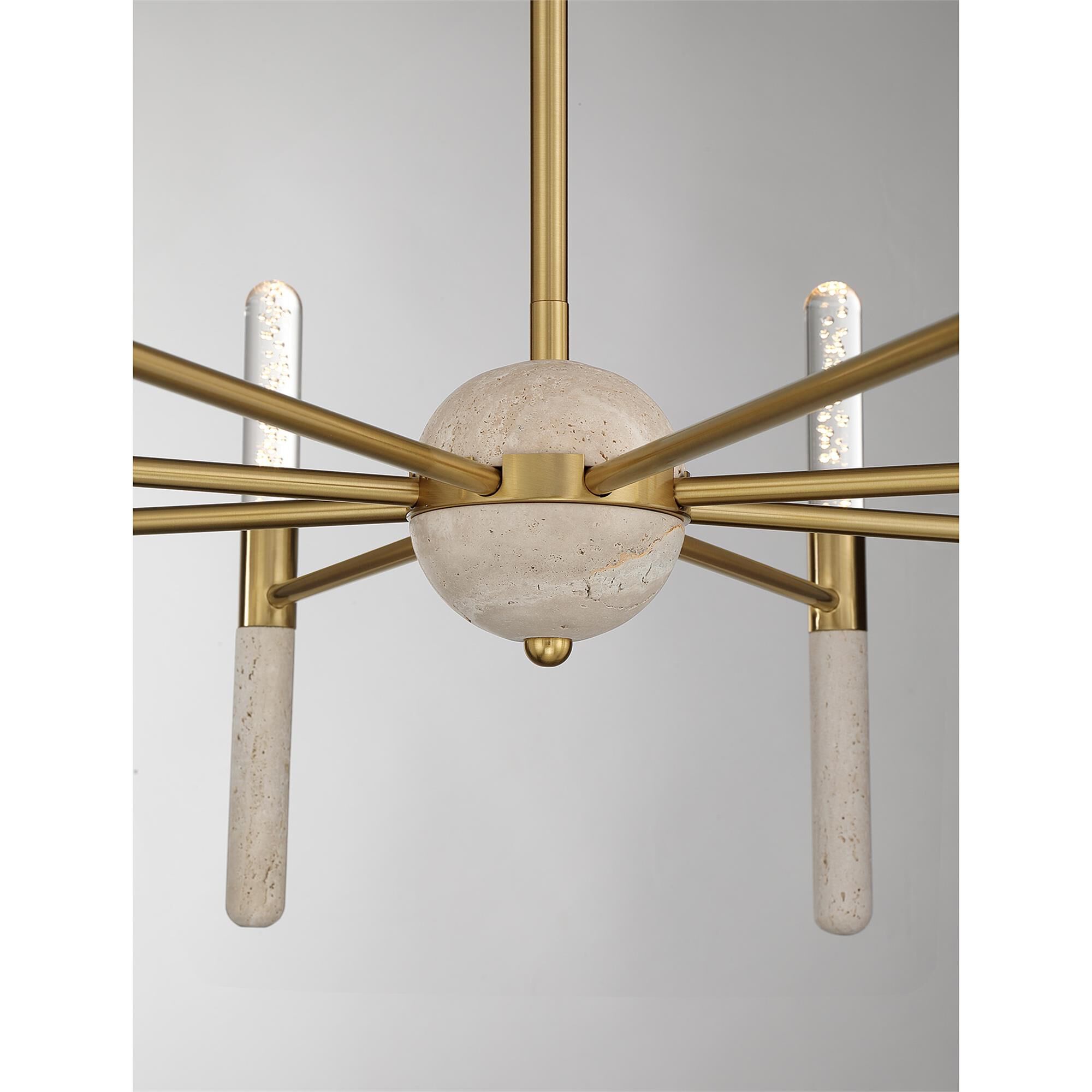 Shown in Warm Brass finish and Clear Seeded glass and Beige Travertine accent